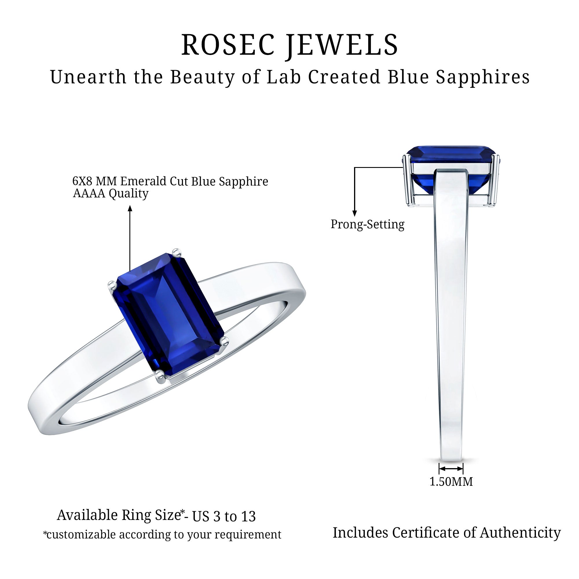 6X8 mm Emerald Cut Lab Created Blue Sapphire Solitaire Engagement Ring AAAA - Rosec Jewels