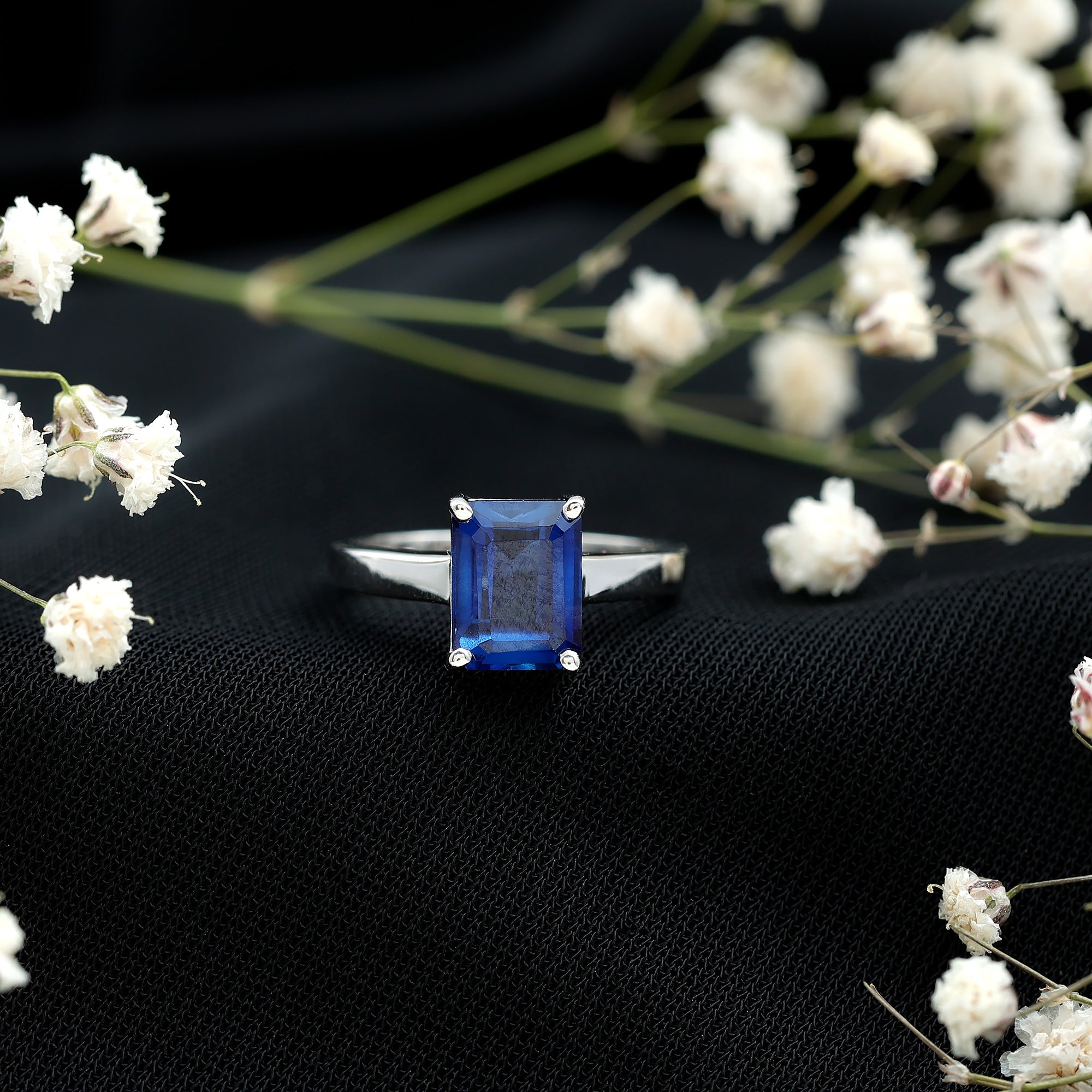 6X8 mm Emerald Cut Lab Created Blue Sapphire Solitaire Engagement Ring AAAA - Rosec Jewels