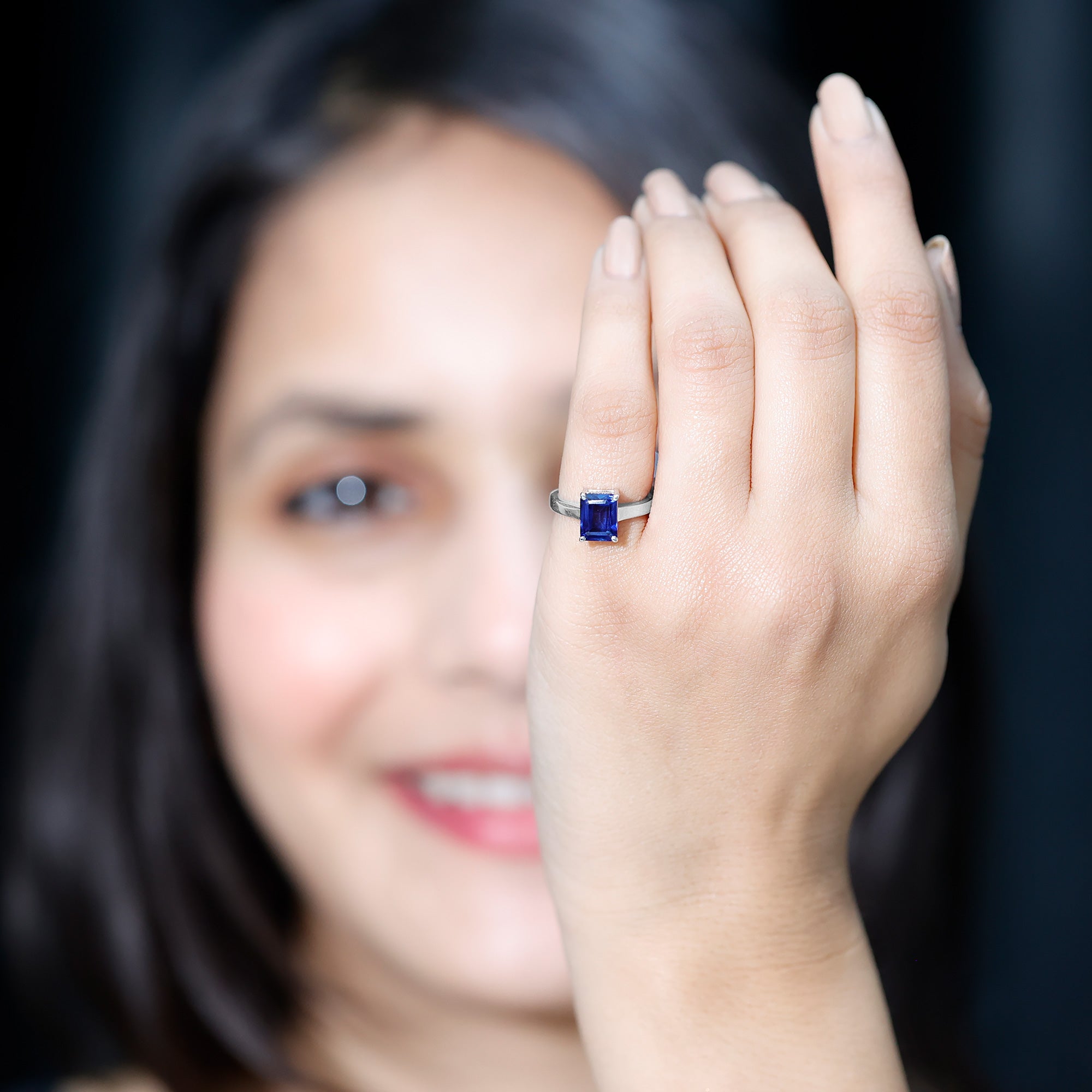 6X8 mm Emerald Cut Lab Created Blue Sapphire Solitaire Engagement Ring AAAA - Rosec Jewels