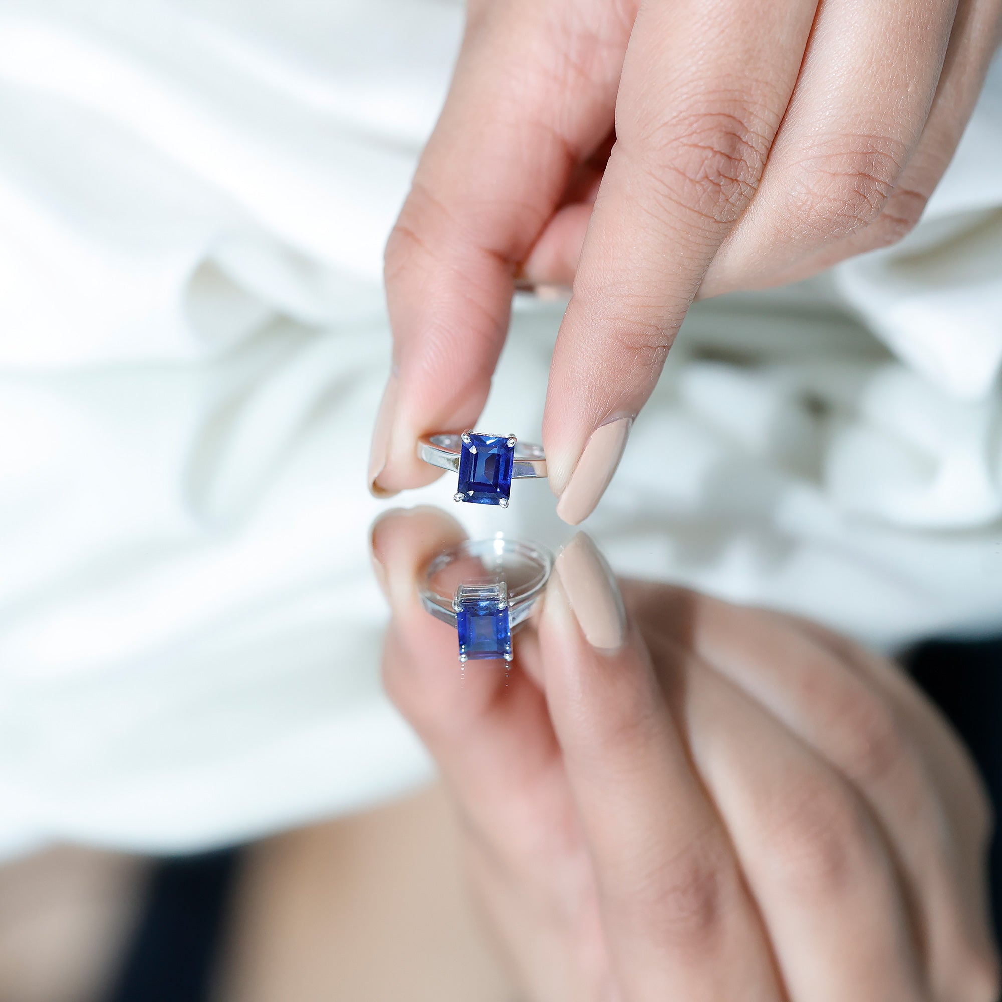 6X8 mm Emerald Cut Lab Created Blue Sapphire Solitaire Engagement Ring AAAA - Rosec Jewels