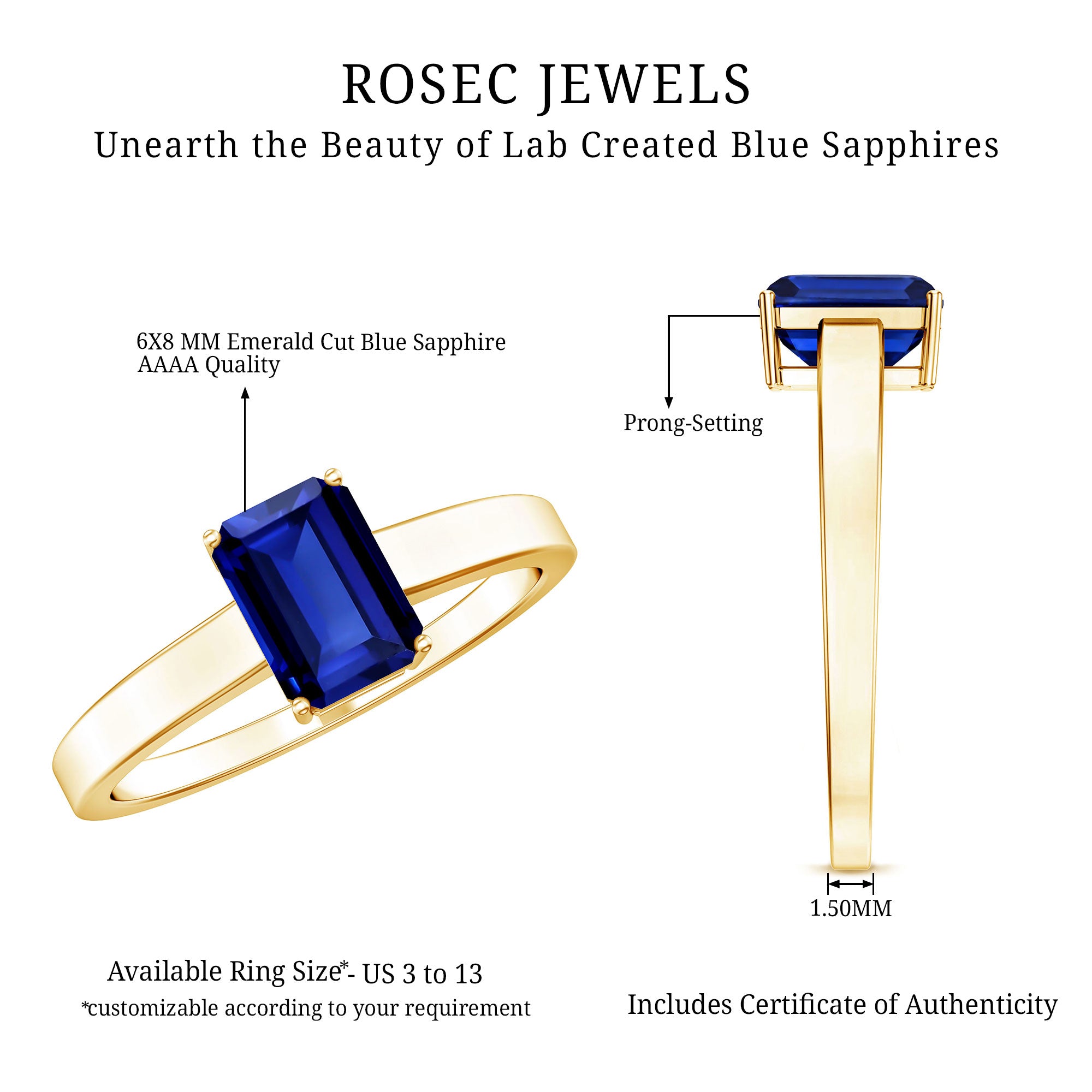 6X8 mm Emerald Cut Lab Created Blue Sapphire Solitaire Engagement Ring AAAA - Rosec Jewels