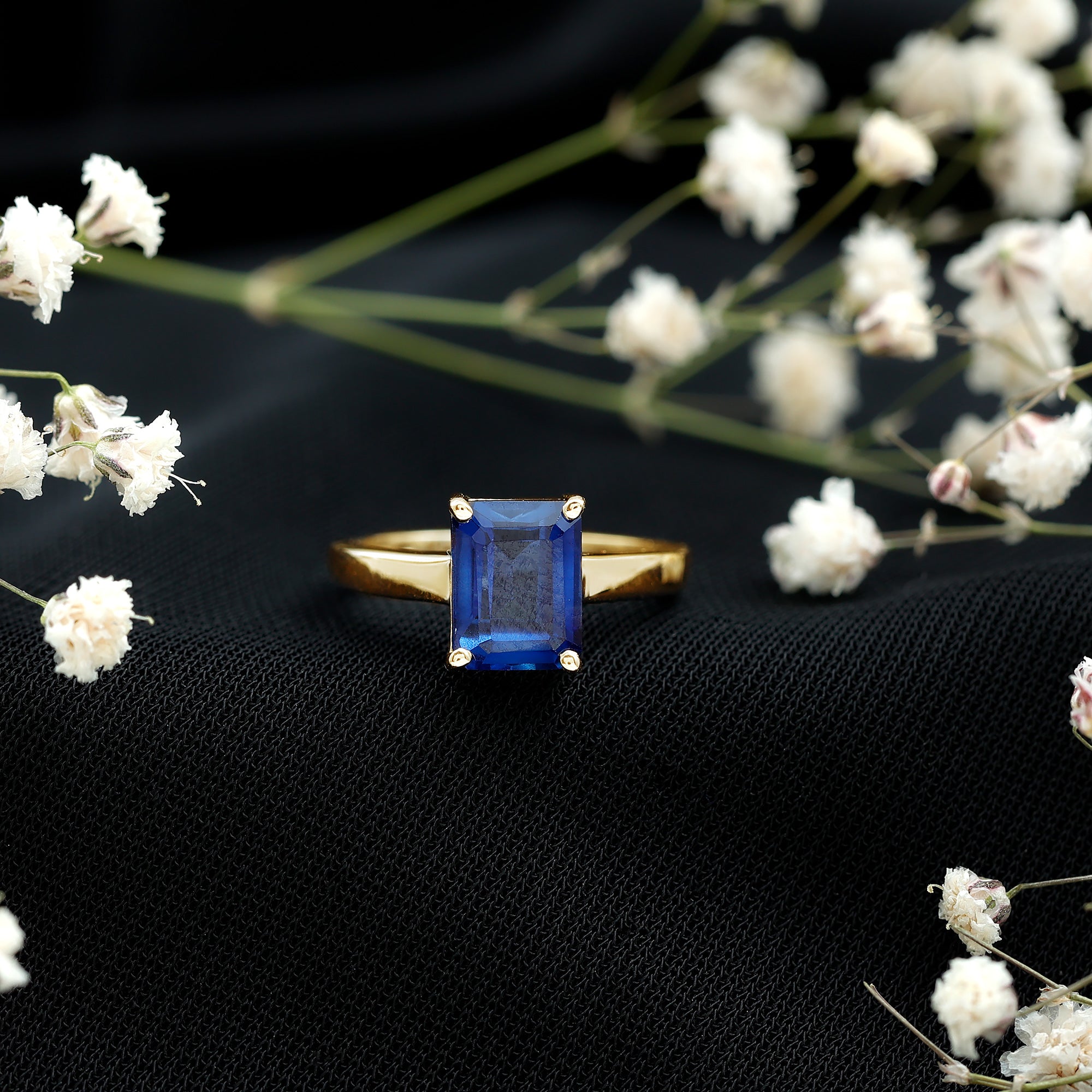 6X8 mm Emerald Cut Lab Created Blue Sapphire Solitaire Engagement Ring AAAA - Rosec Jewels