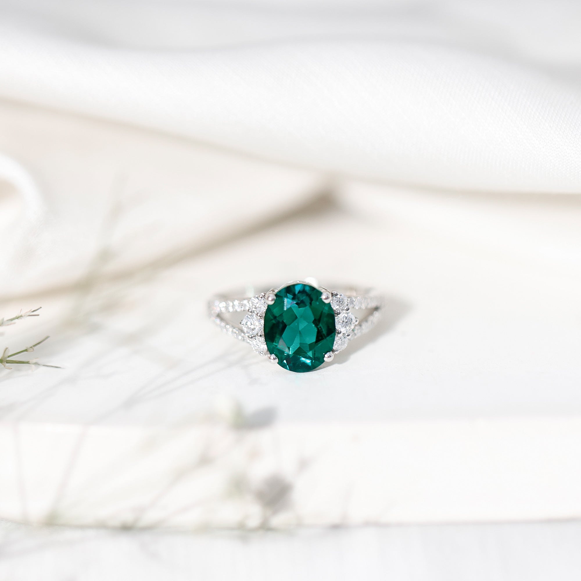Certified 3 Carat Oval Lab Grown Emerald Split Shank Engagement Ring AAAA - Rosec Jewels