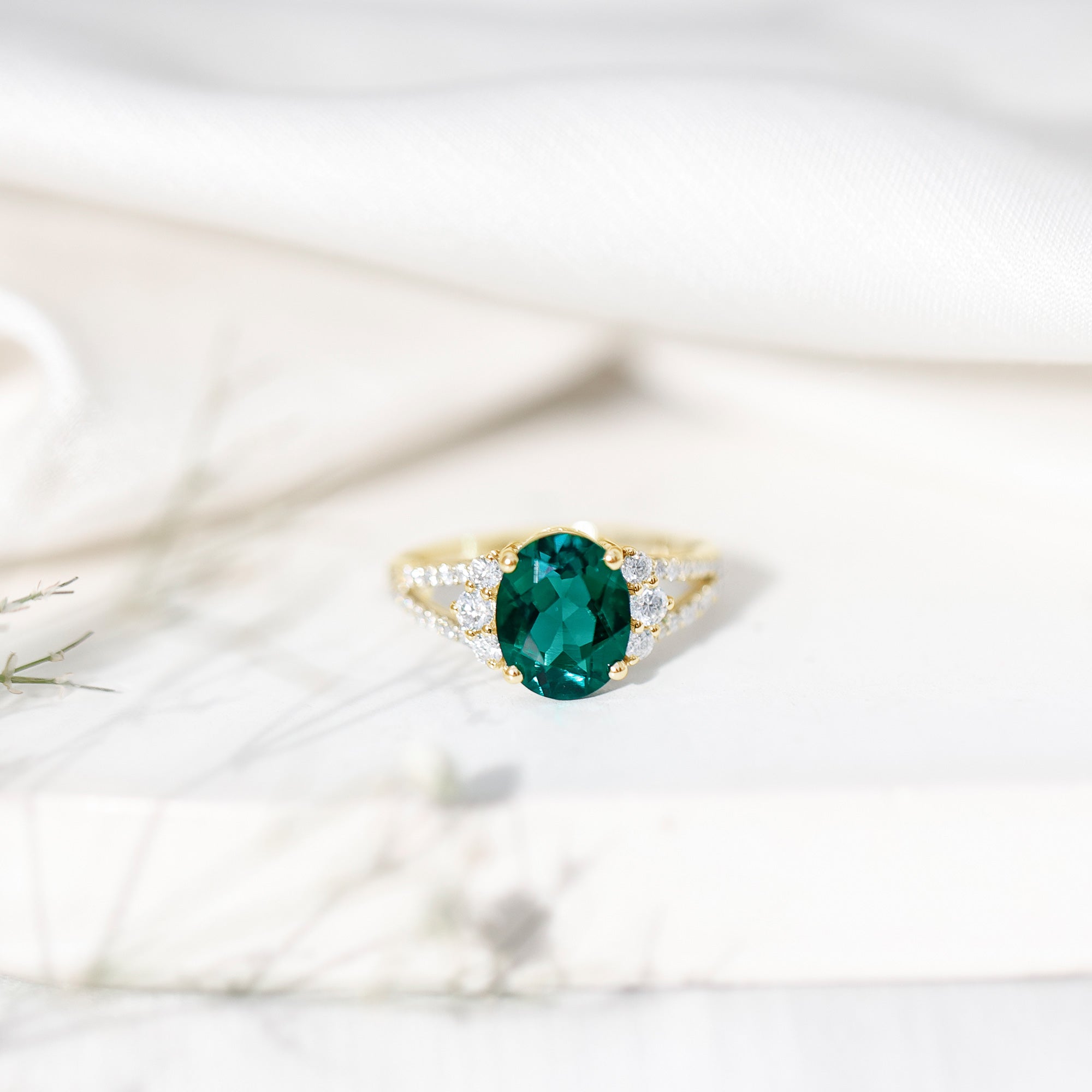 Certified 3 Carat Oval Lab Grown Emerald Split Shank Engagement Ring AAAA - Rosec Jewels