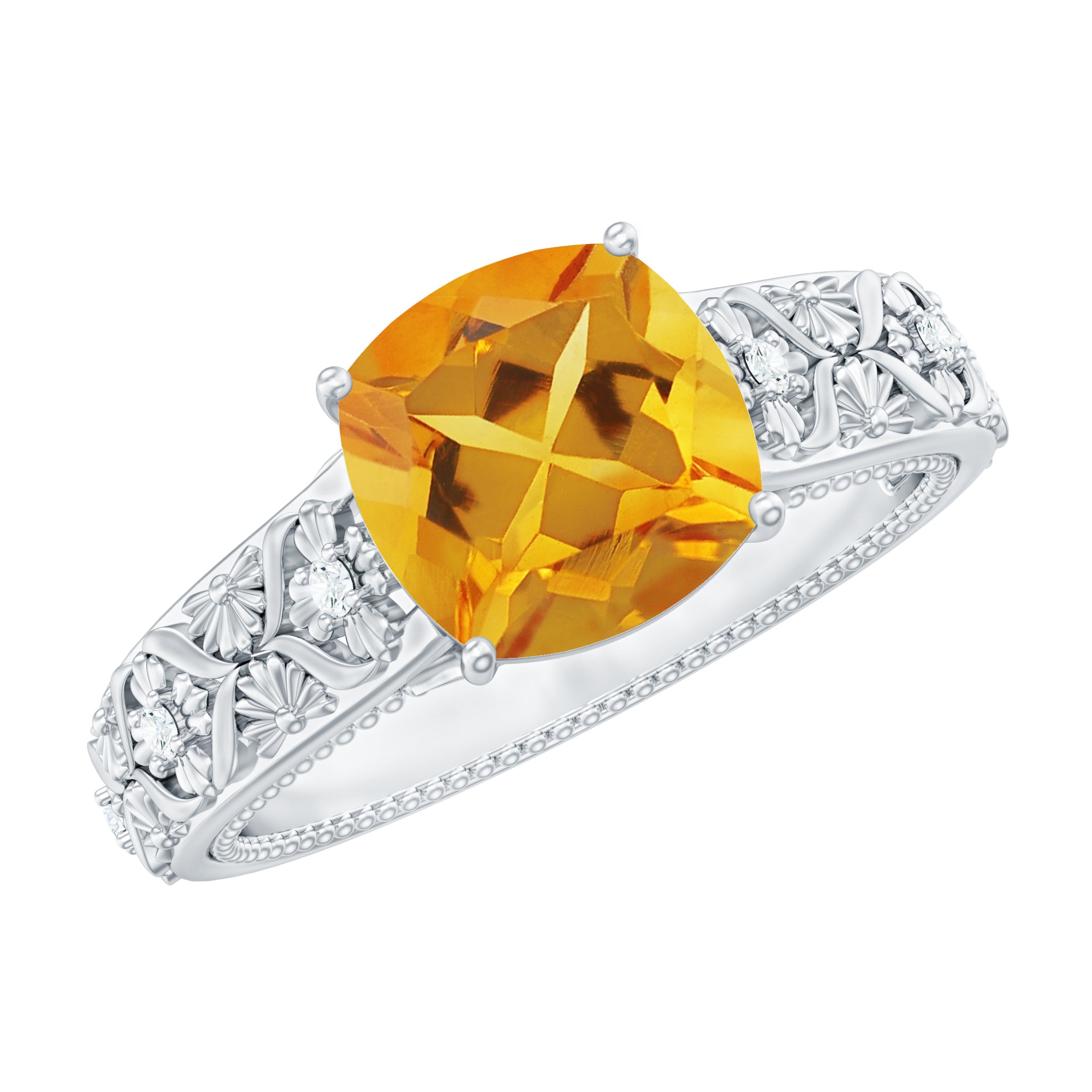 Vintage Style 8mm Citrine Cushion Cut Engagement Ring with Diamond AAA - Rosec Jewels