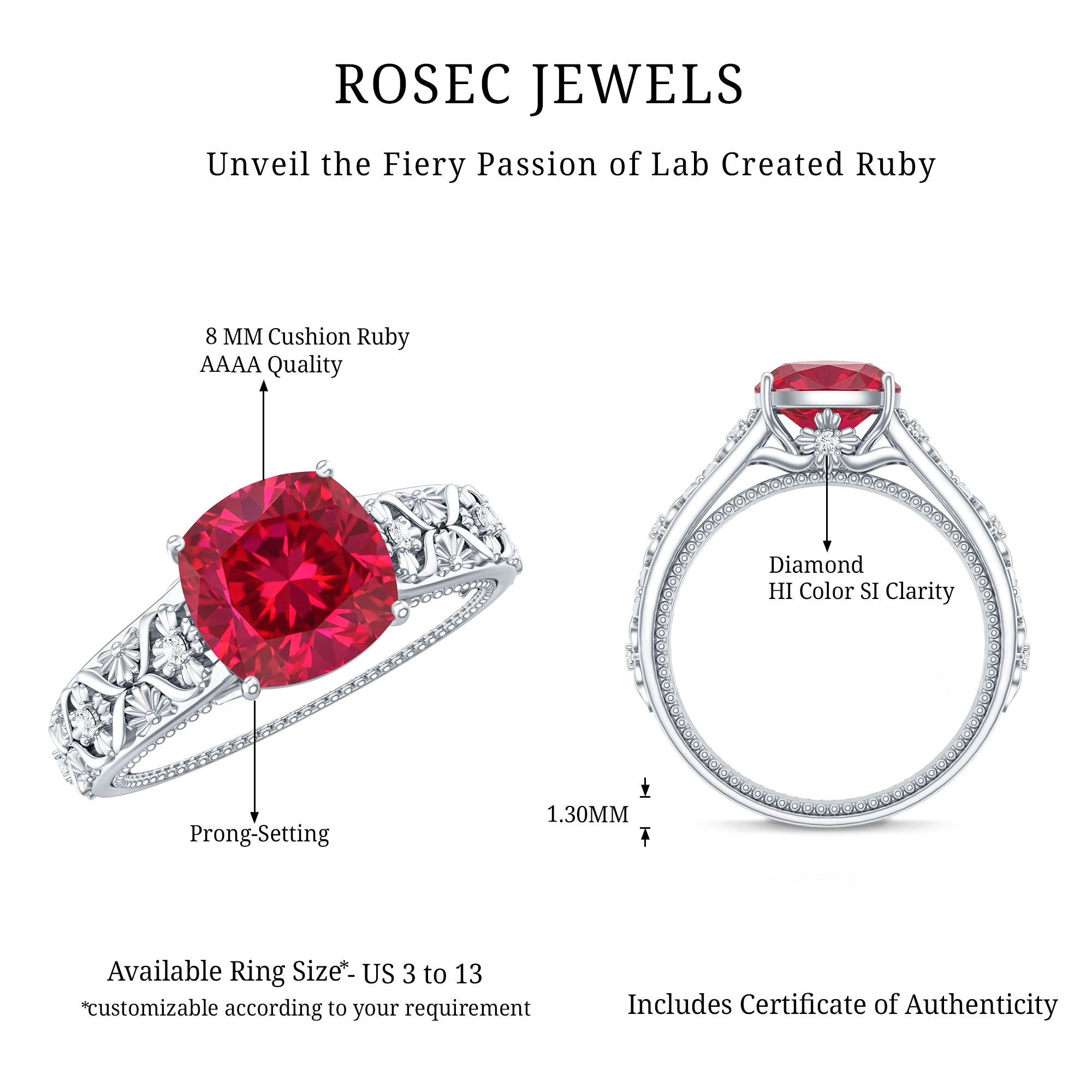 Vintage Inspired 2 Carat Cushion Cut Lab Created Ruby Engagement Ring AAAA - Rosec Jewels