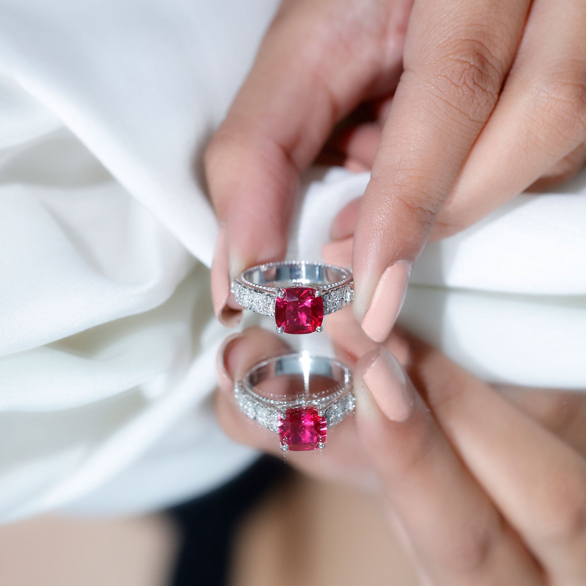 Vintage Inspired 2 Carat Cushion Cut Lab Created Ruby Engagement Ring AAAA - Rosec Jewels
