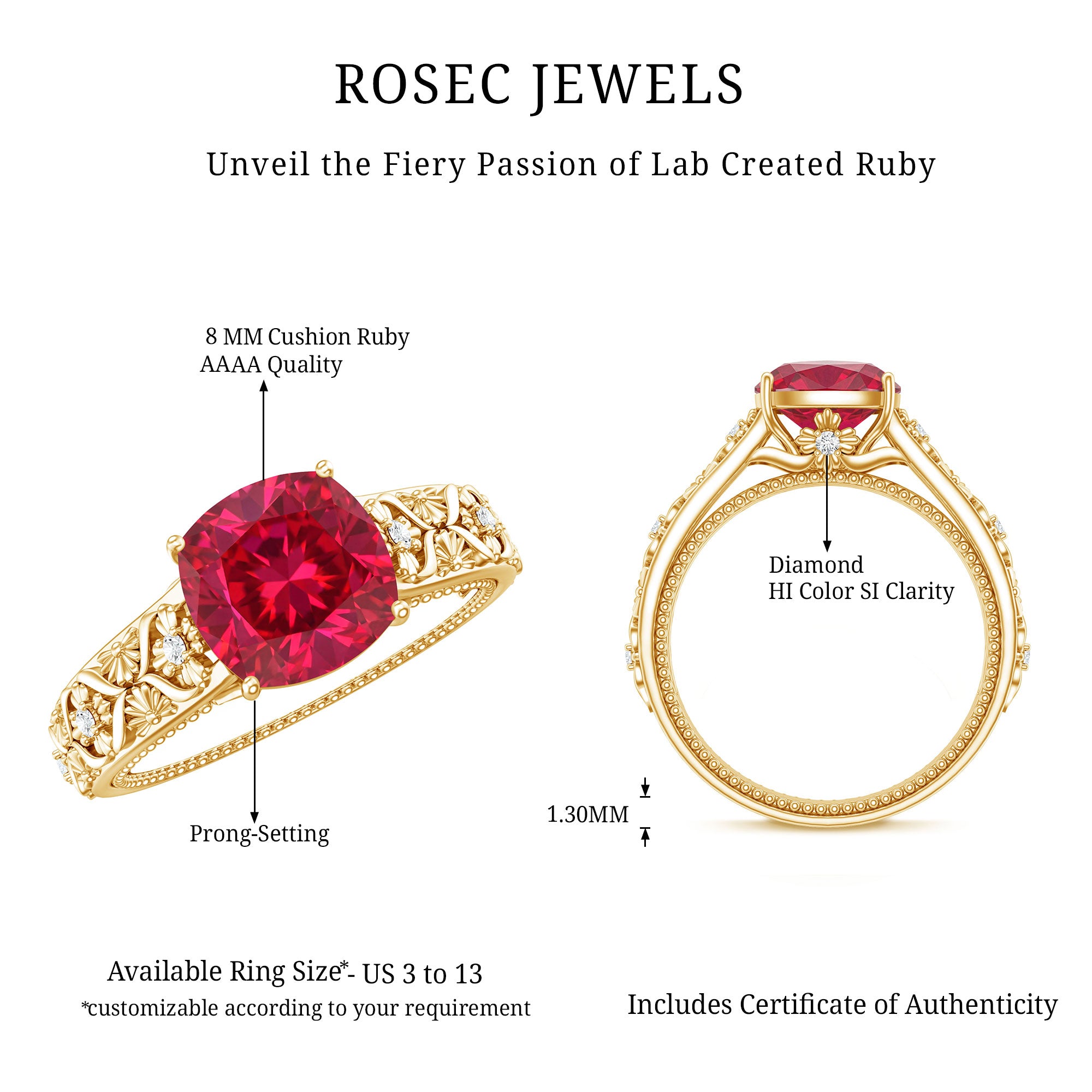 Vintage Inspired 2 Carat Cushion Cut Lab Created Ruby Engagement Ring AAAA - Rosec Jewels