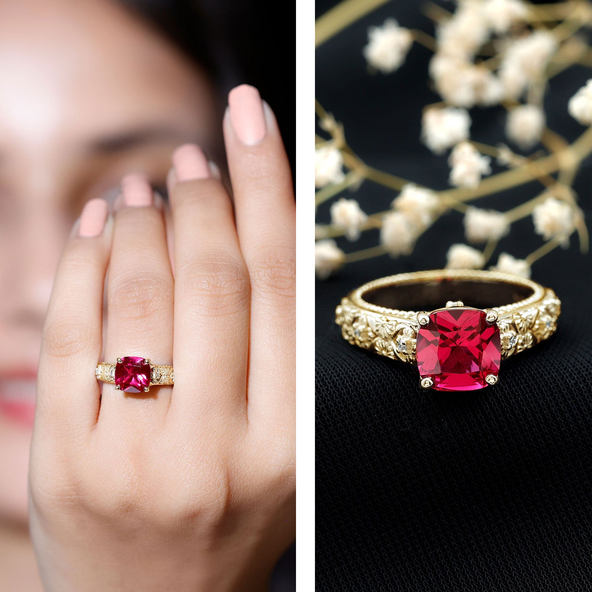 Vintage Inspired 2 Carat Cushion Cut Lab Created Ruby Engagement Ring AAAA - Rosec Jewels