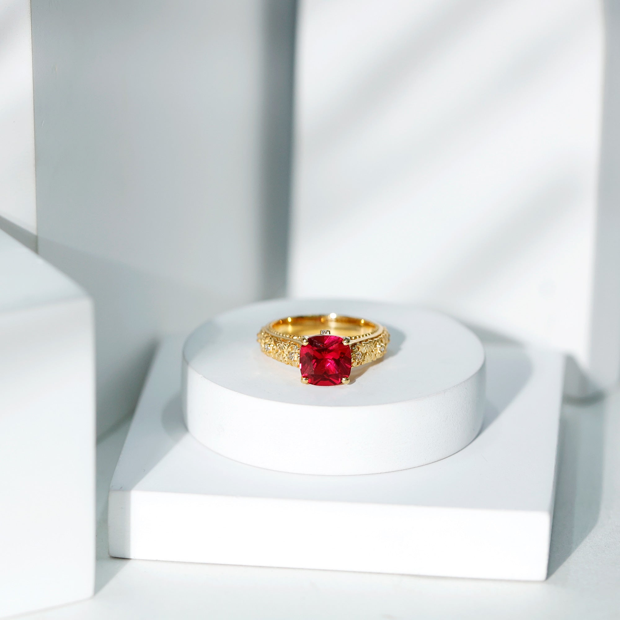 Vintage Inspired 2 Carat Cushion Cut Lab Created Ruby Engagement Ring AAAA - Rosec Jewels