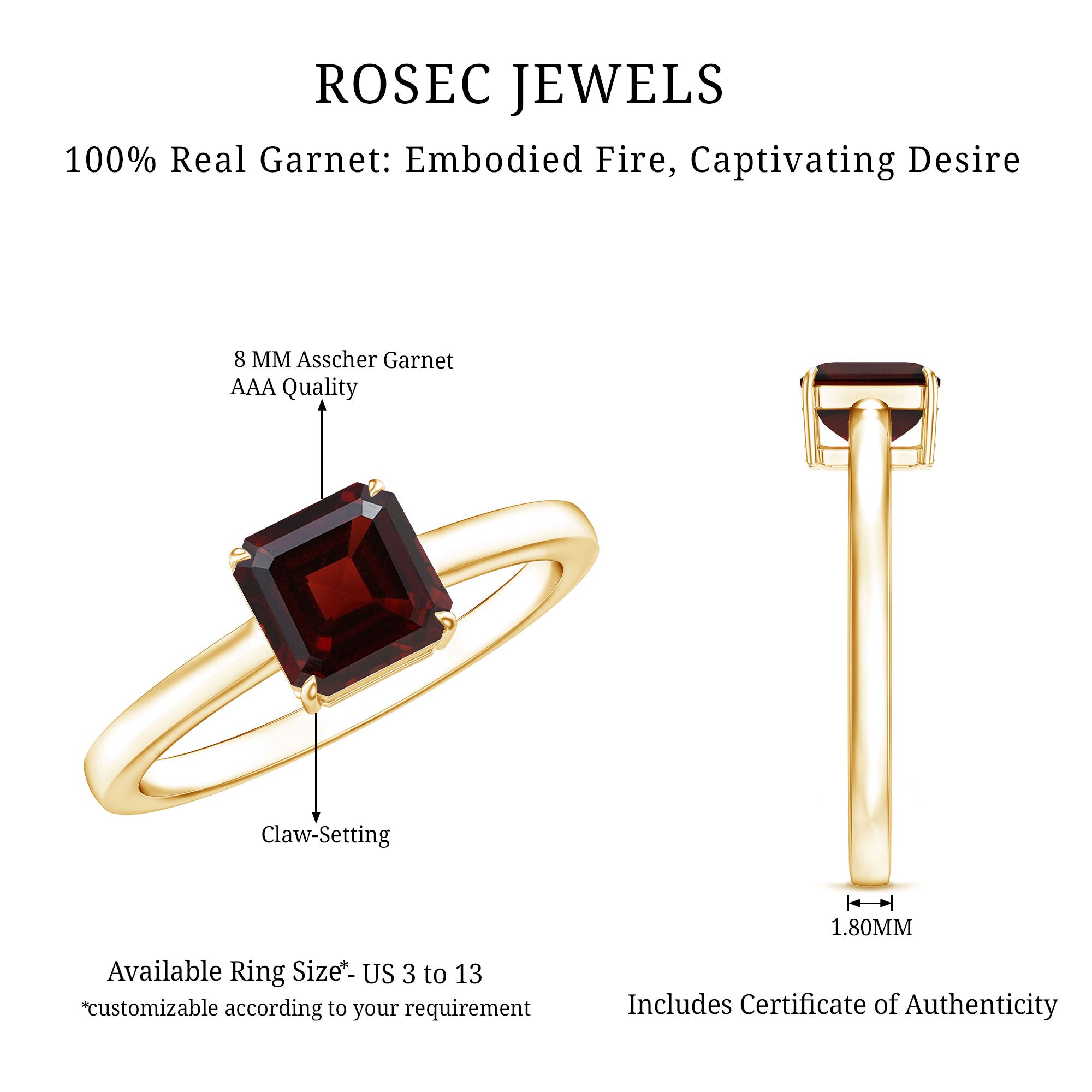 3.3 Carat Real Garnet Asscher Cut Engagement Ring with Certificate AAA - Rosec Jewels