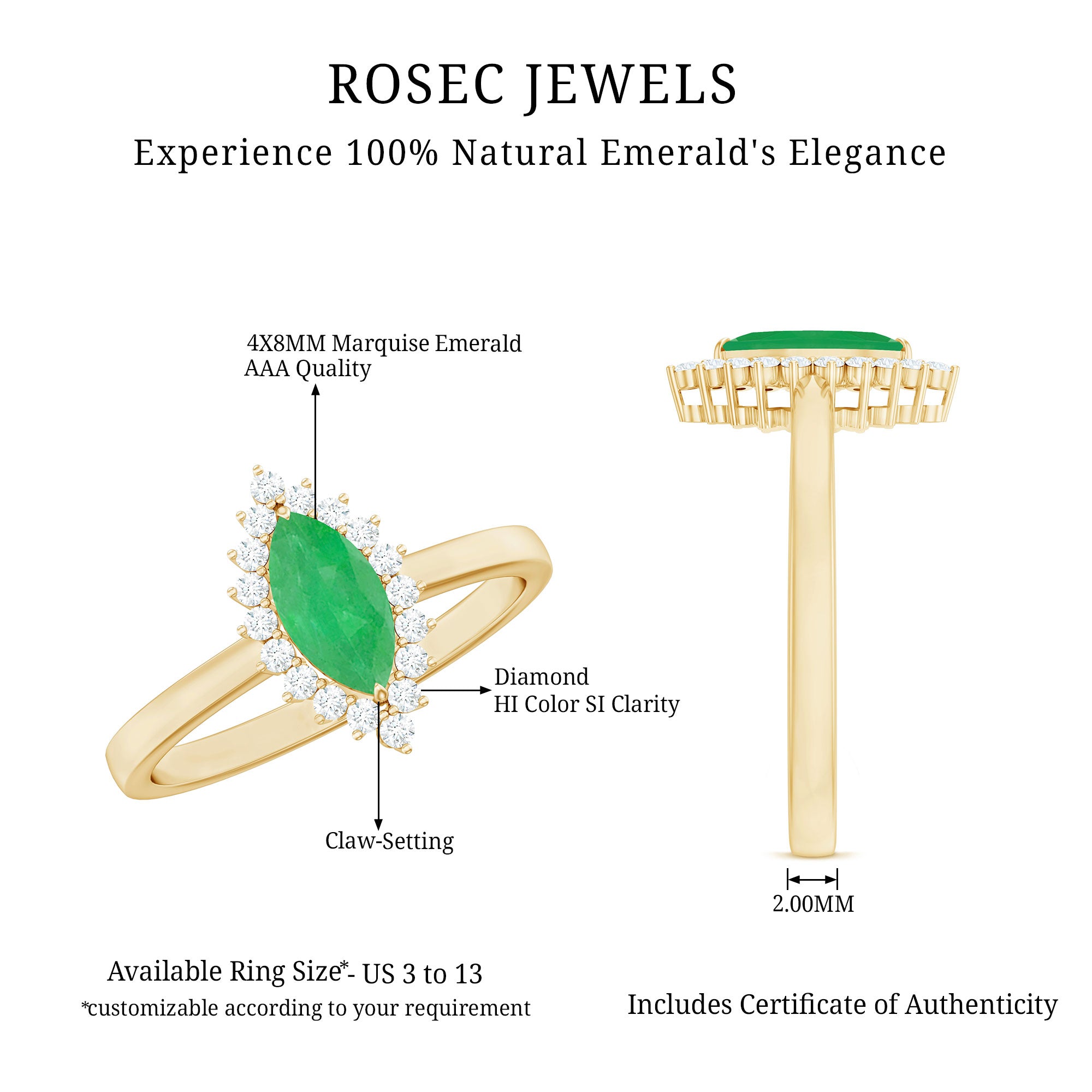 Elongated Marquise Cut Emerald Engagement Ring with Diamond Halo AAA - Rosec Jewels