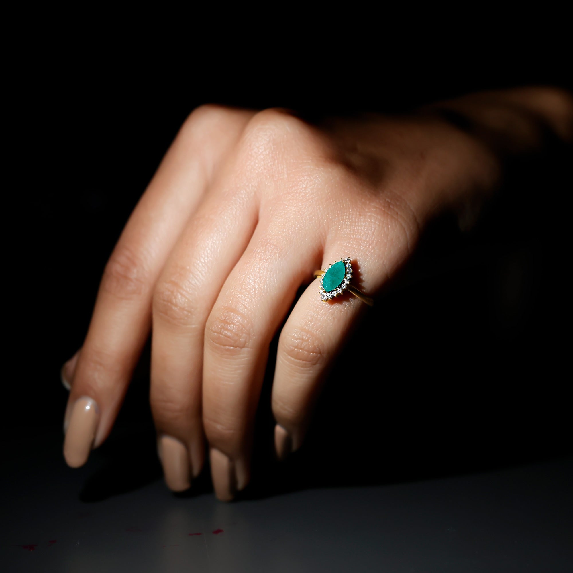 Elongated Marquise Cut Emerald Engagement Ring with Diamond Halo AAA - Rosec Jewels