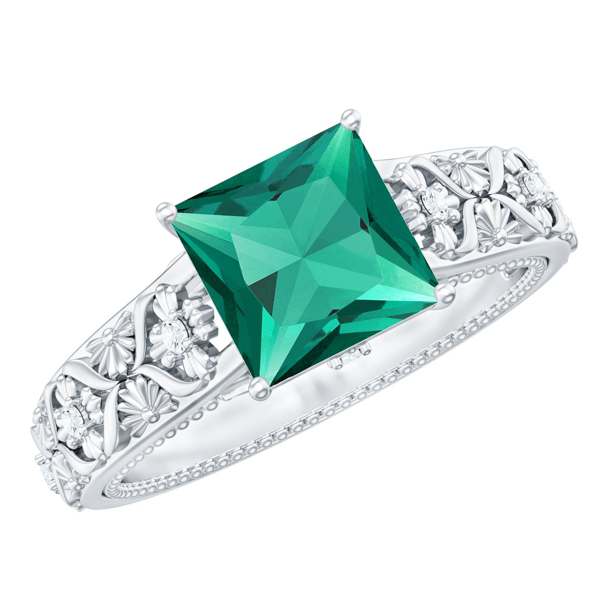 2.50 CT Princess Cut Created Emerald Solitaire Ring with Diamond