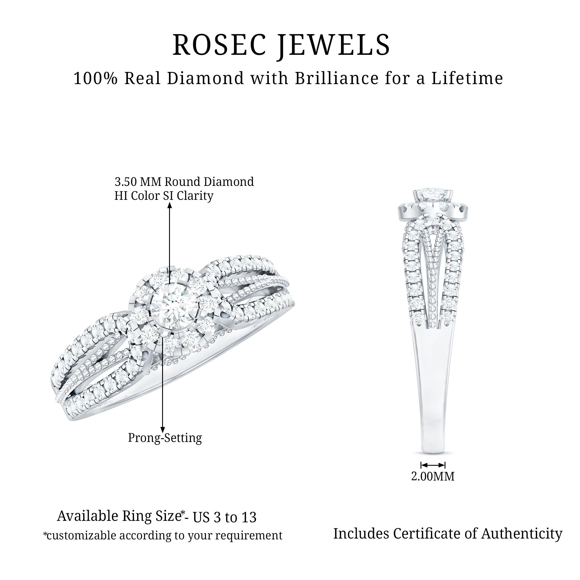 Real Diamond Designer Engagement Ring in Split Shank Natural - ( HI-SI ) - Rosec Jewels