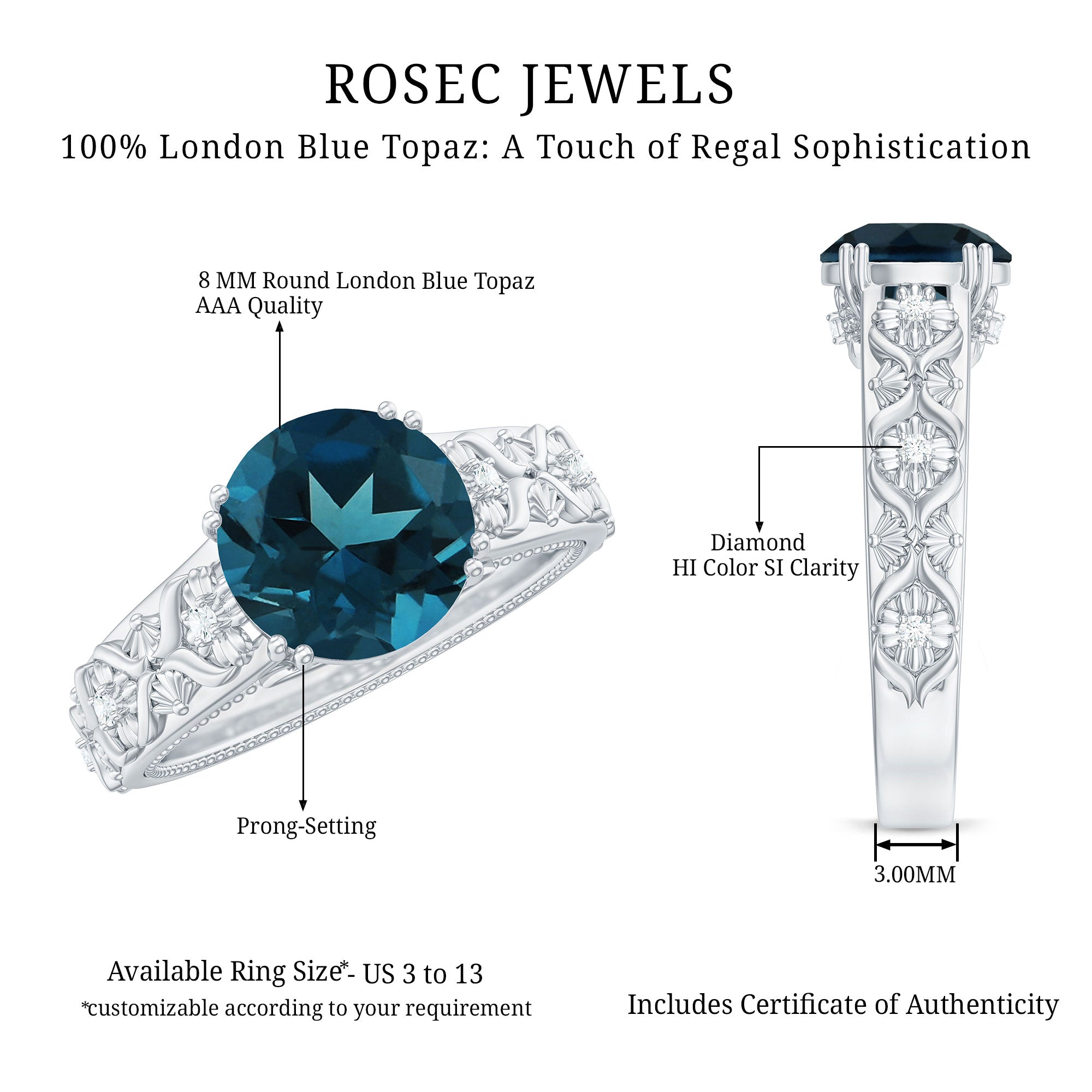 8mm Round London Blue Topaz Vintage Engagement Ring with Certificate AAA - Rosec Jewels