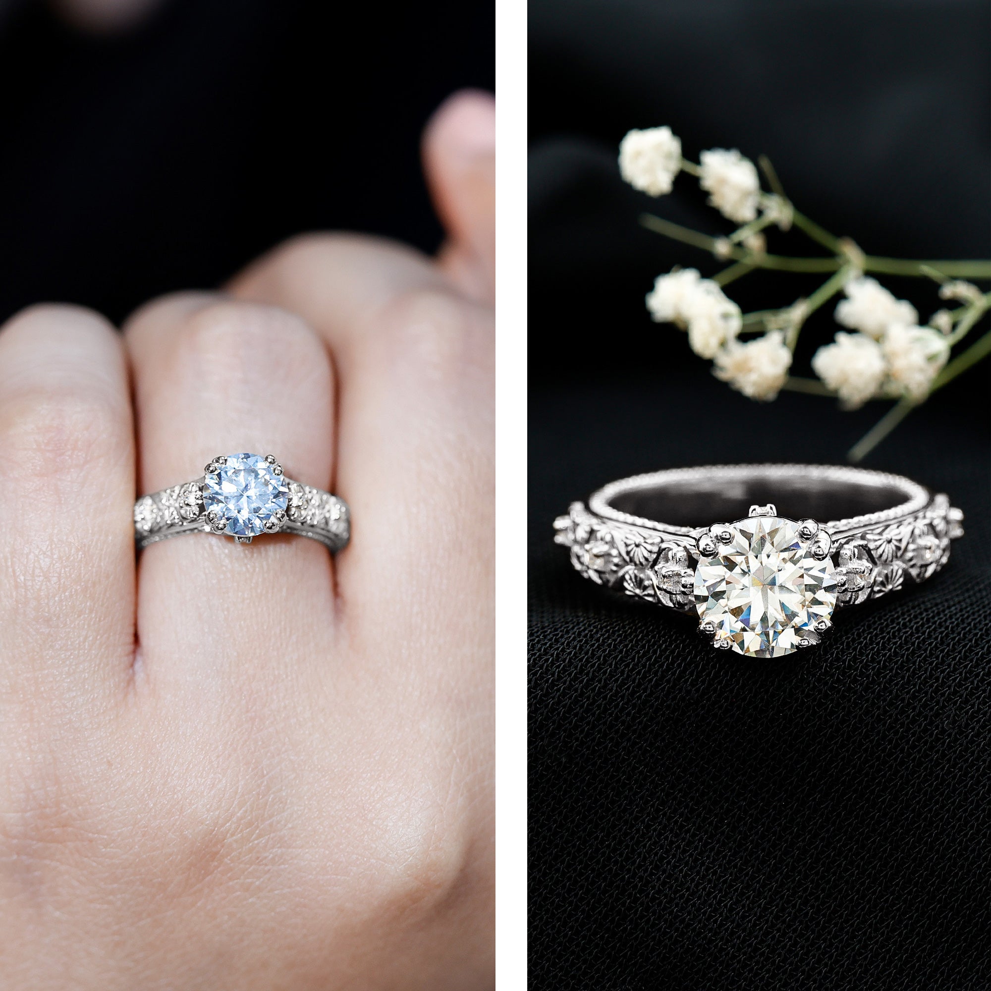 2 Carat Moissanite Double Prong Vintage Engagement Ring D-VS1 - Rosec Jewels