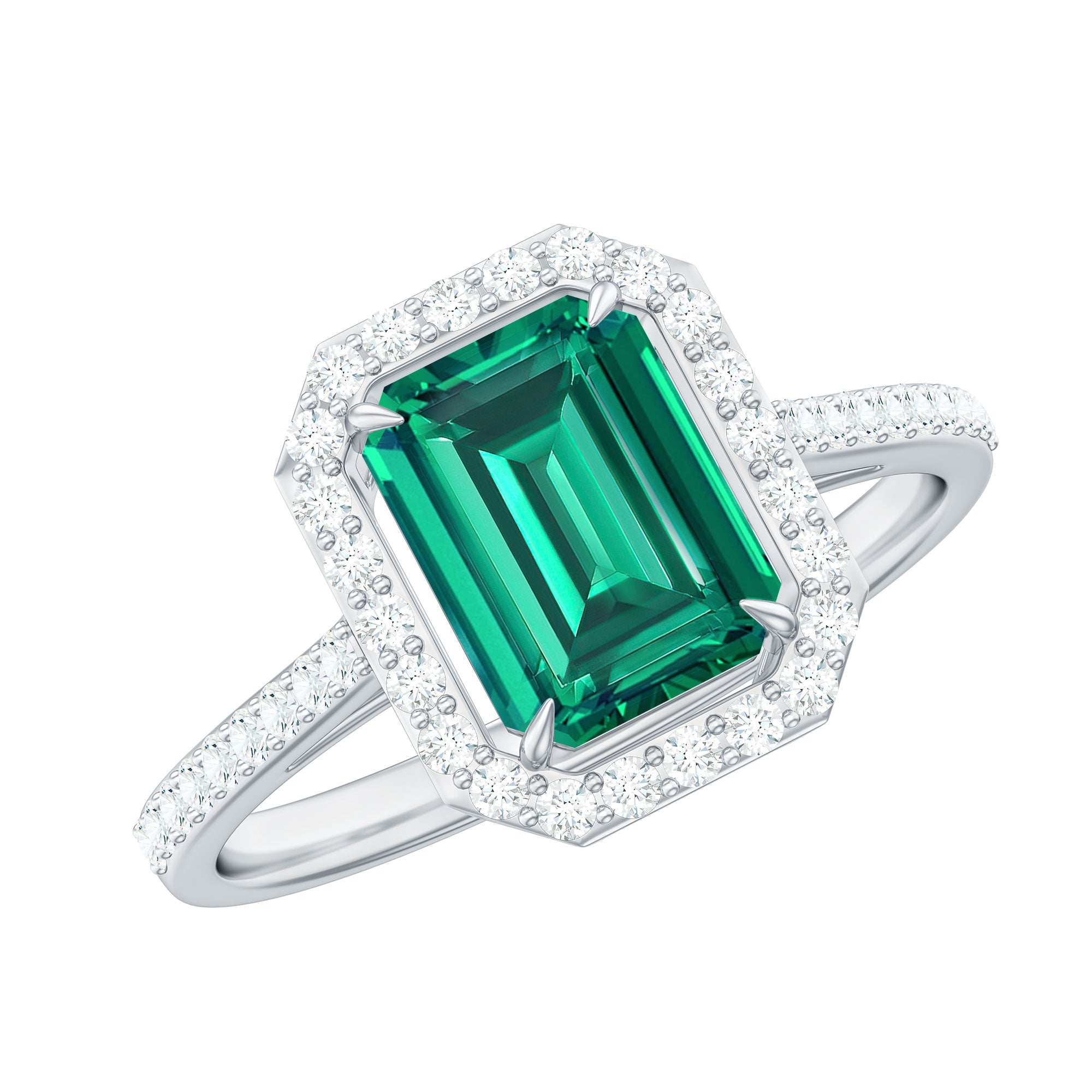 6X8 MM Lab Created Emerald Halo Engagement Ring With Moissanite
