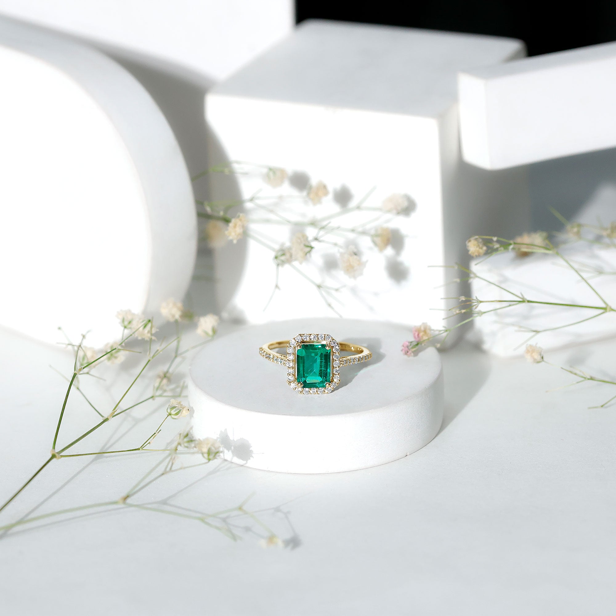 1.6 Carat Emerald Cut Lab Created Emerald Engagement Ring With Moissanite Halo AAAA - Rosec Jewels