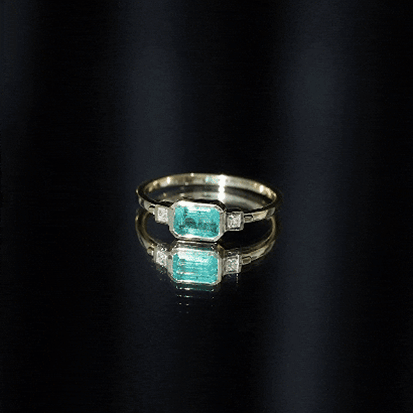 Octagon shape Emerald and Diamond East-West Promise Ring in Bezel Setting AAA - Rosec Jewels