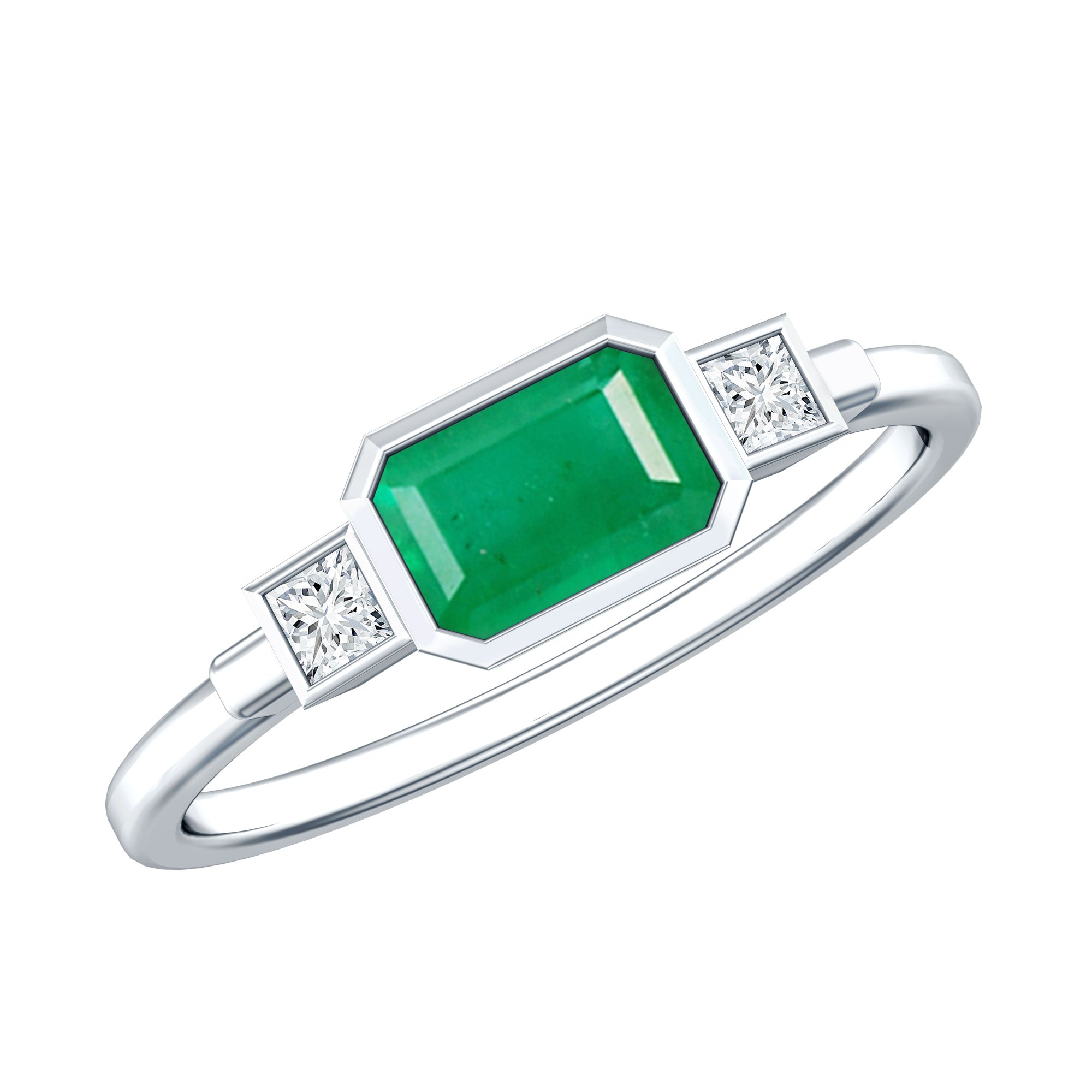 Octagon shape Emerald and Diamond East-West Promise Ring in Bezel Setting AAA - Rosec Jewels