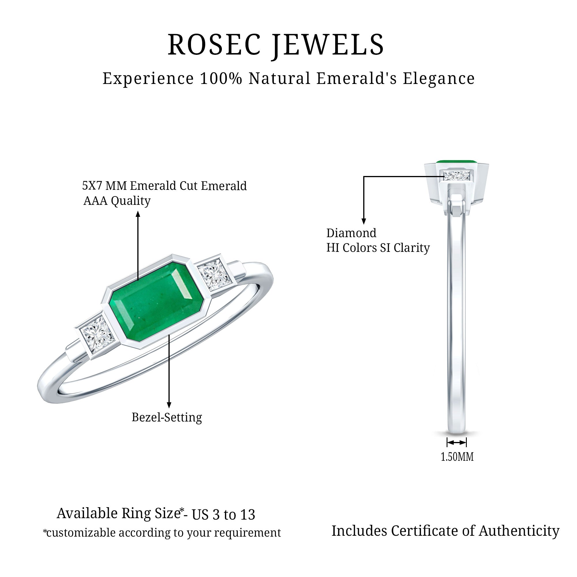 Octagon shape Emerald and Diamond East-West Promise Ring in Bezel Setting AAA - Rosec Jewels