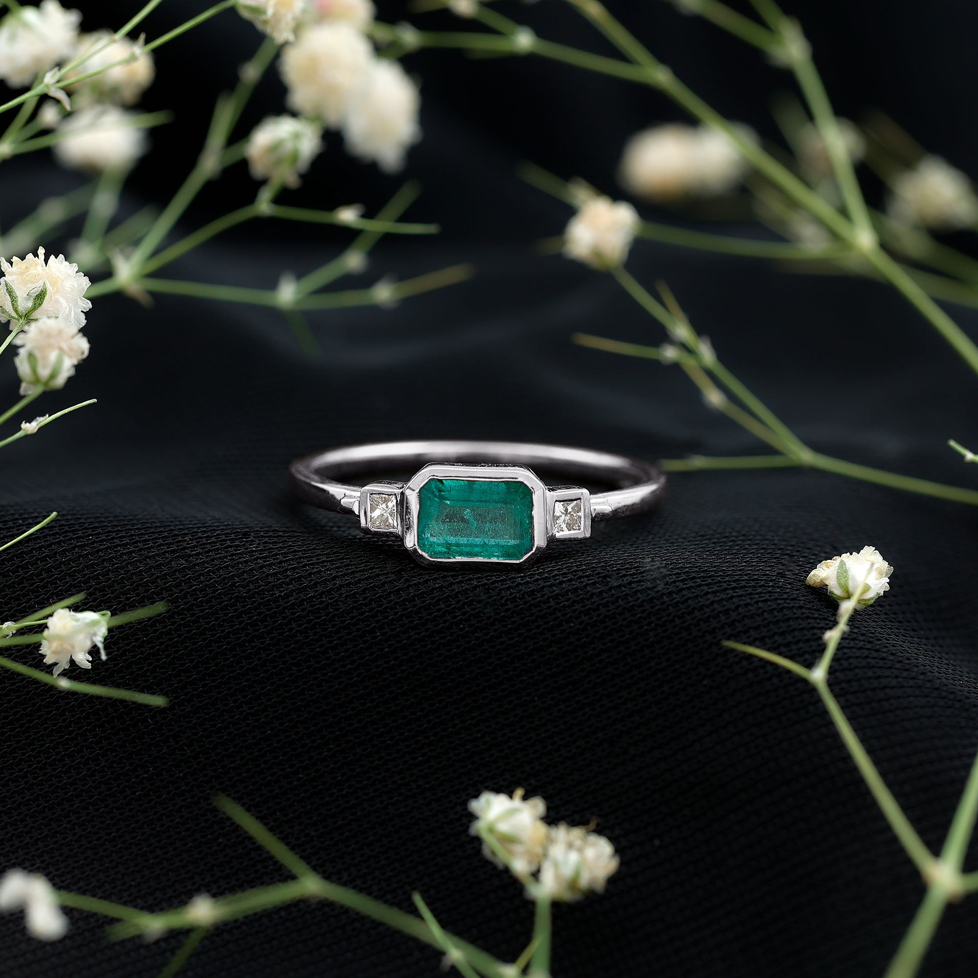 Octagon shape Emerald and Diamond East-West Promise Ring in Bezel Setting AAA - Rosec Jewels
