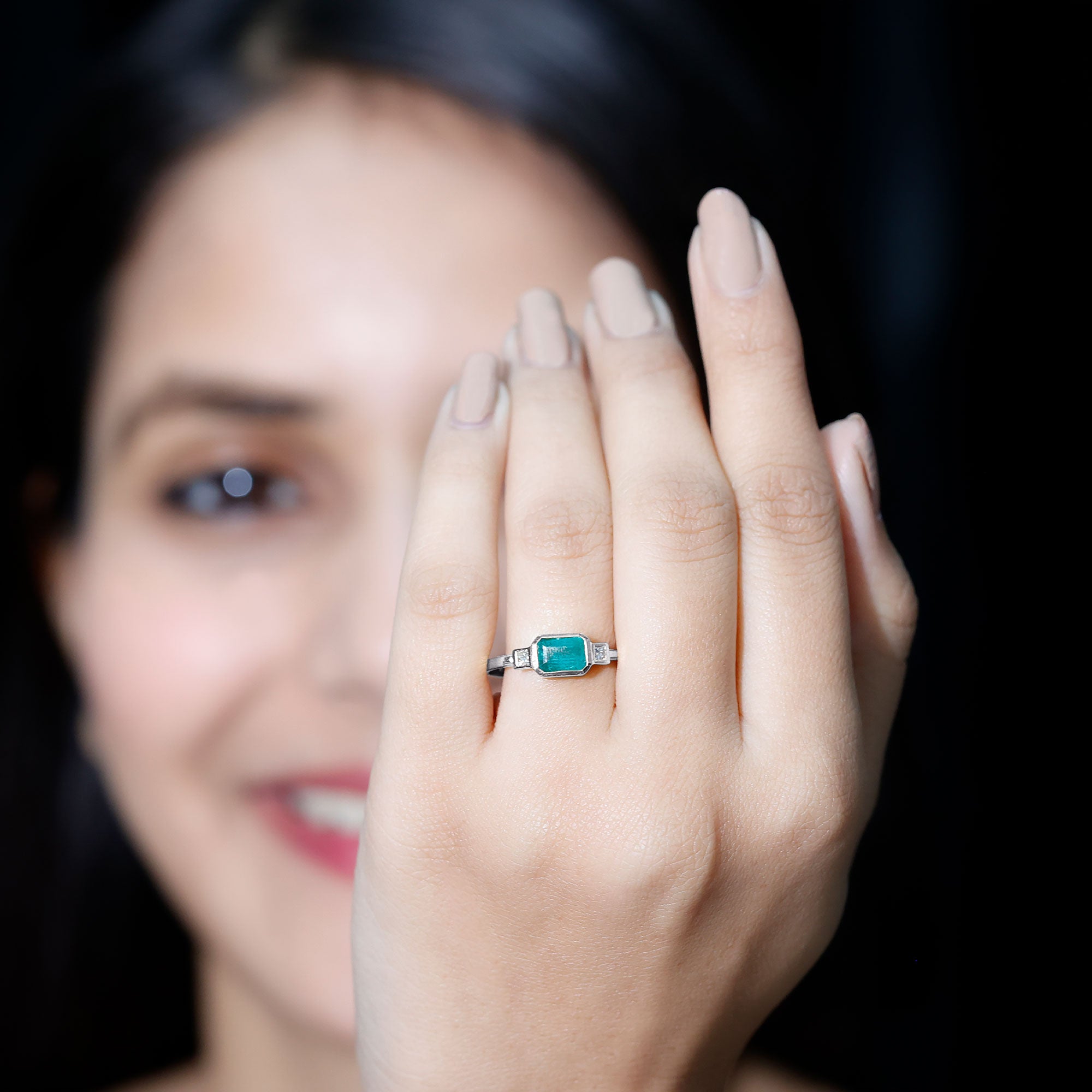 Octagon shape Emerald and Diamond East-West Promise Ring in Bezel Setting AAA - Rosec Jewels
