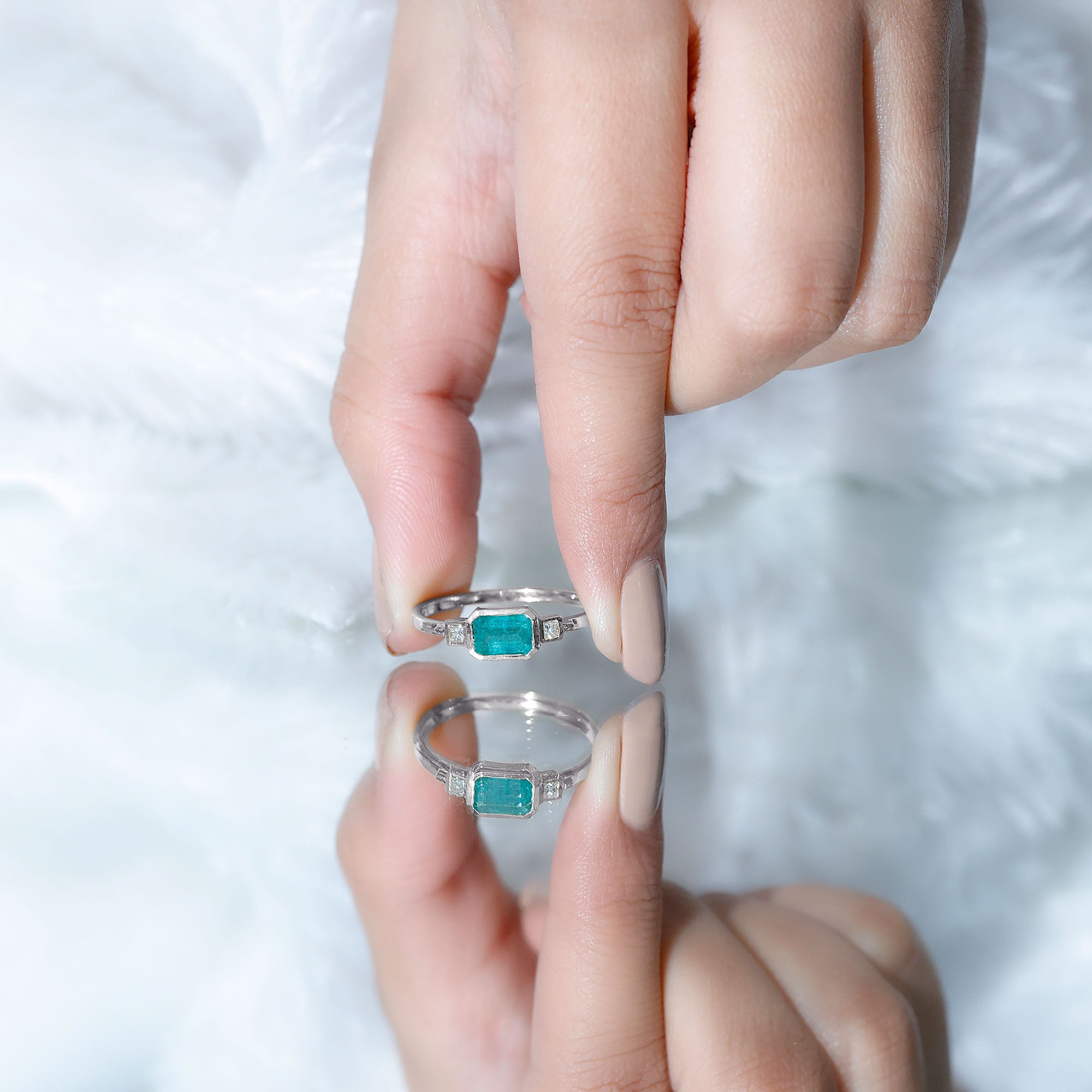 Octagon shape Emerald and Diamond East-West Promise Ring in Bezel Setting AAA - Rosec Jewels