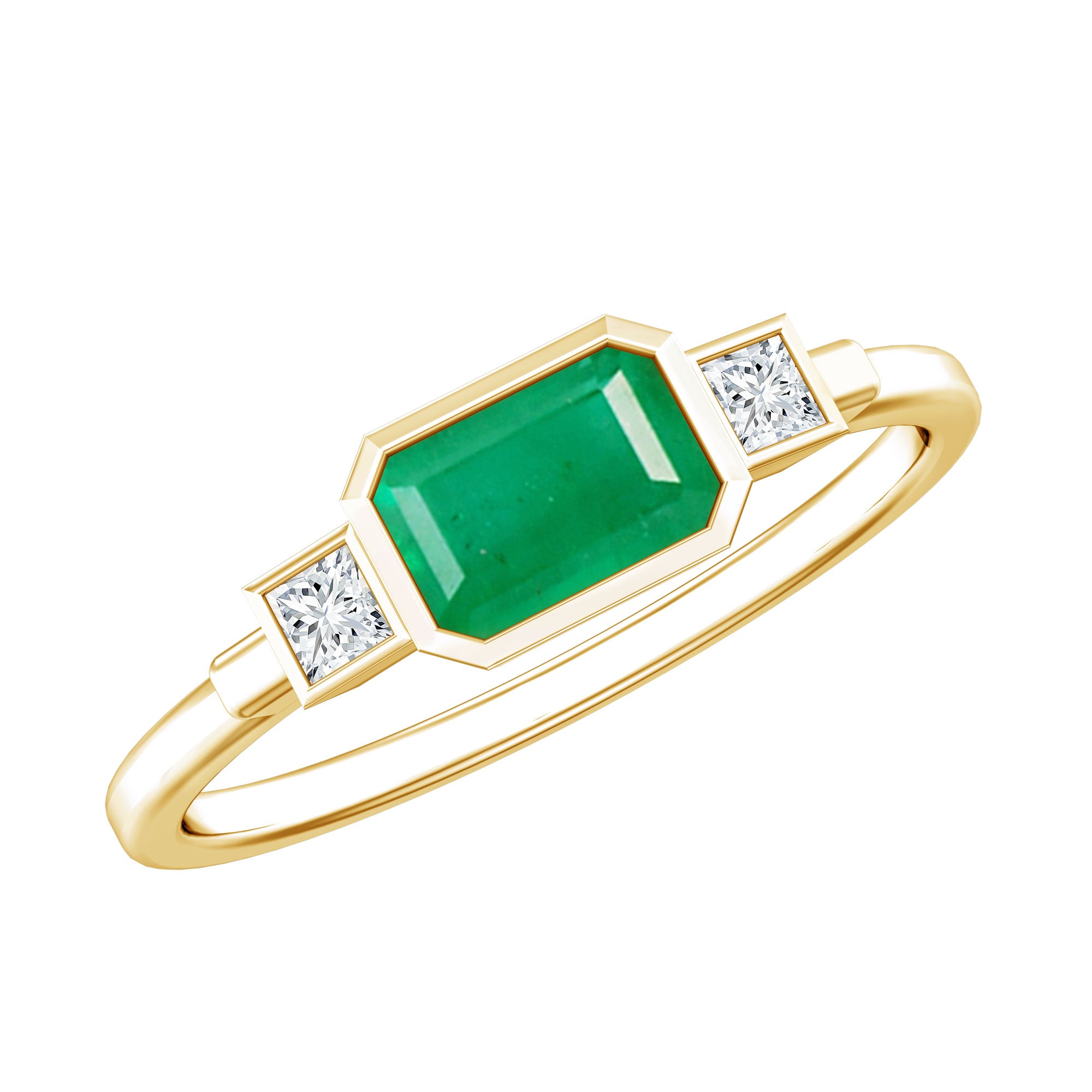 Octagon shape Emerald and Diamond East-West Promise Ring in Bezel Setting AAA - Rosec Jewels