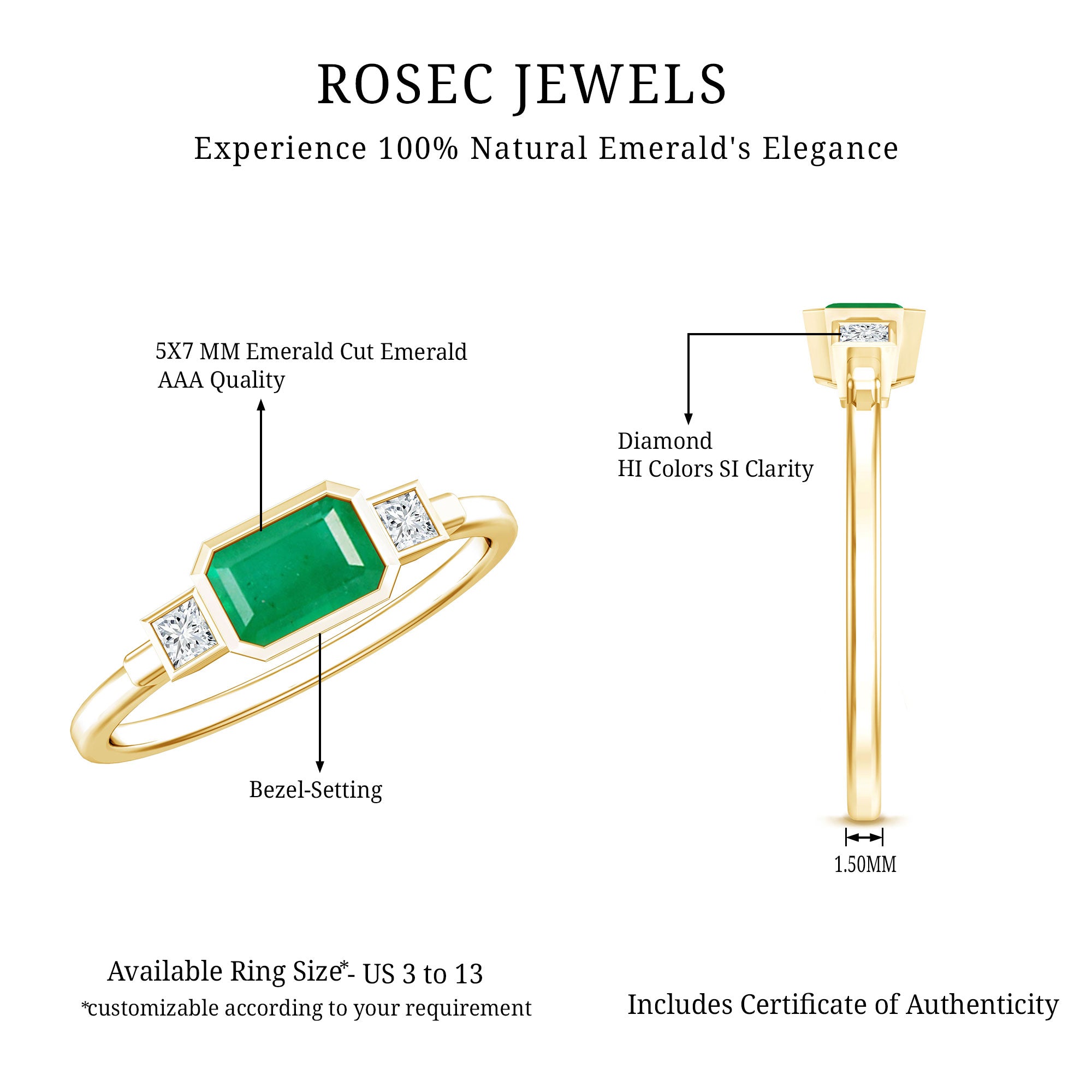 Octagon shape Emerald and Diamond East-West Promise Ring in Bezel Setting AAA - Rosec Jewels