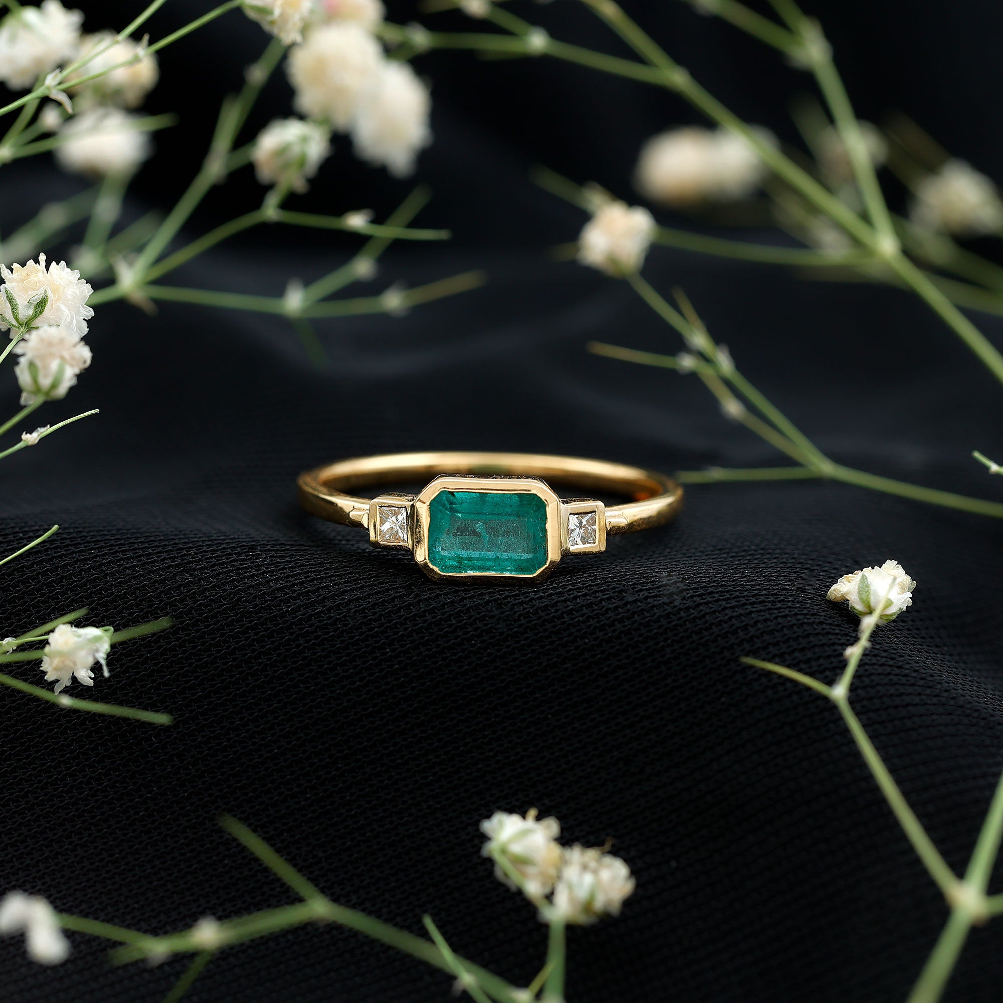 Octagon shape Emerald and Diamond East-West Promise Ring in Bezel Setting AAA - Rosec Jewels