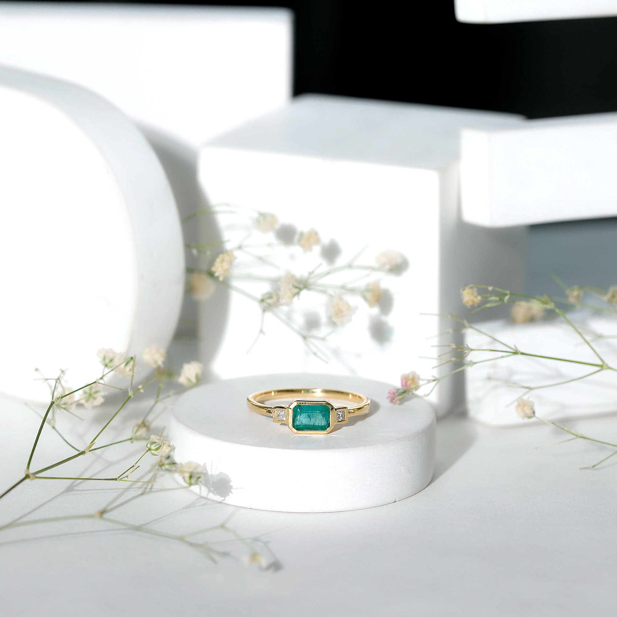 Octagon shape Emerald and Diamond East-West Promise Ring in Bezel Setting AAA - Rosec Jewels