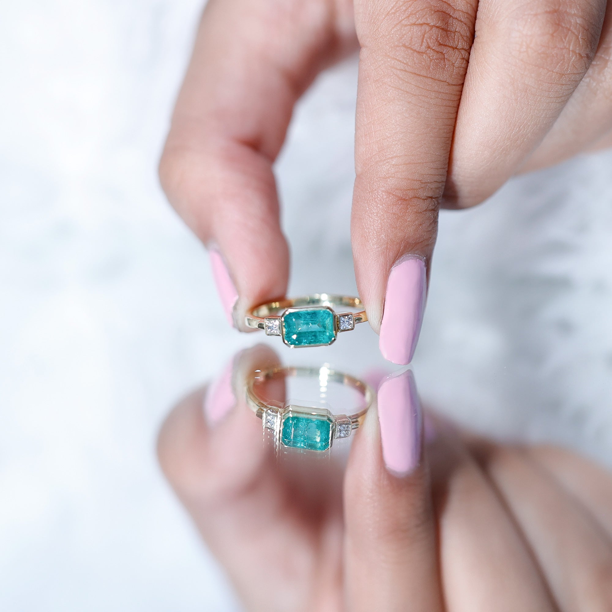 Octagon shape Emerald and Diamond East-West Promise Ring in Bezel Setting AAA - Rosec Jewels