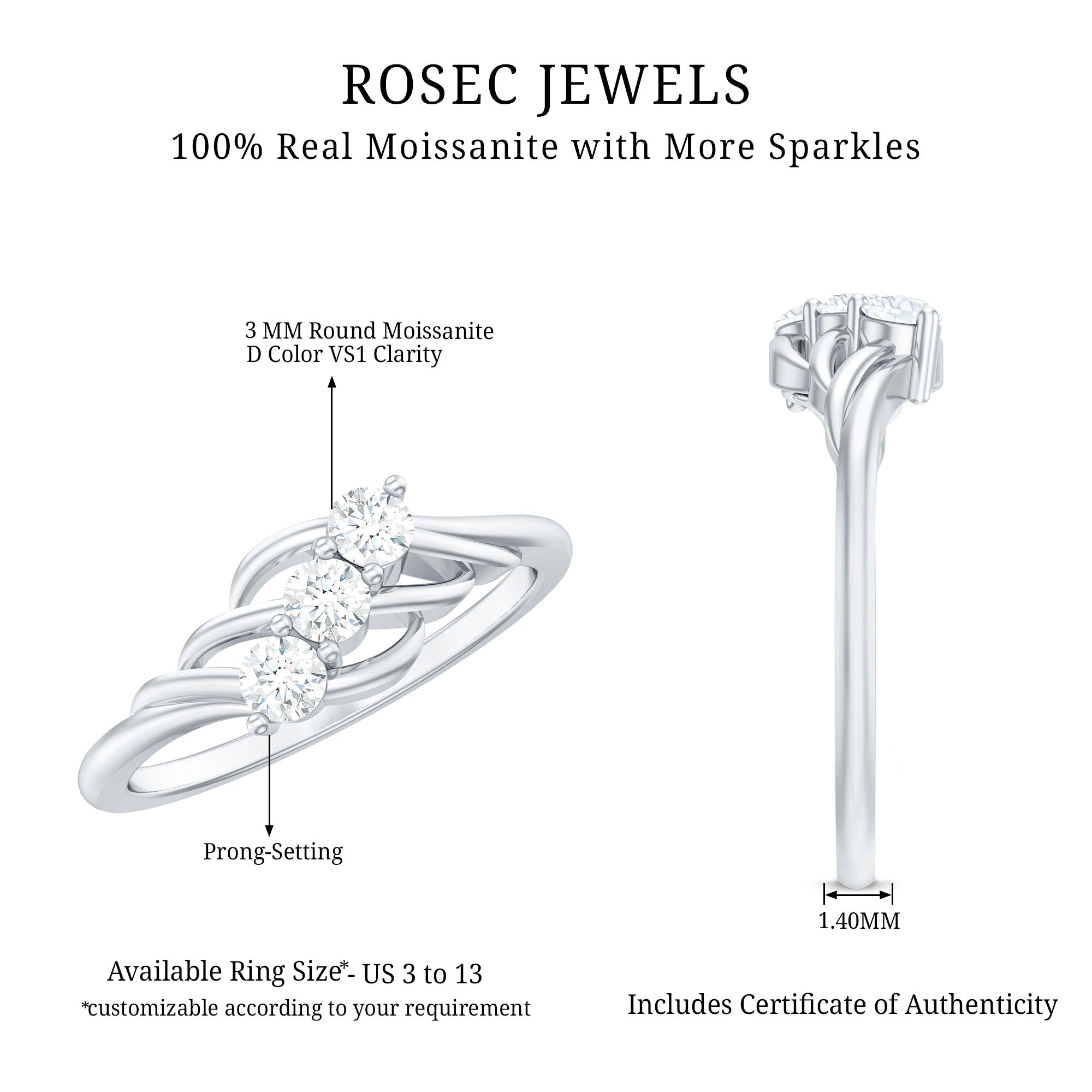 Certified Round Moissanite Three Stone Engagement Ring D-VS1 - Rosec Jewels