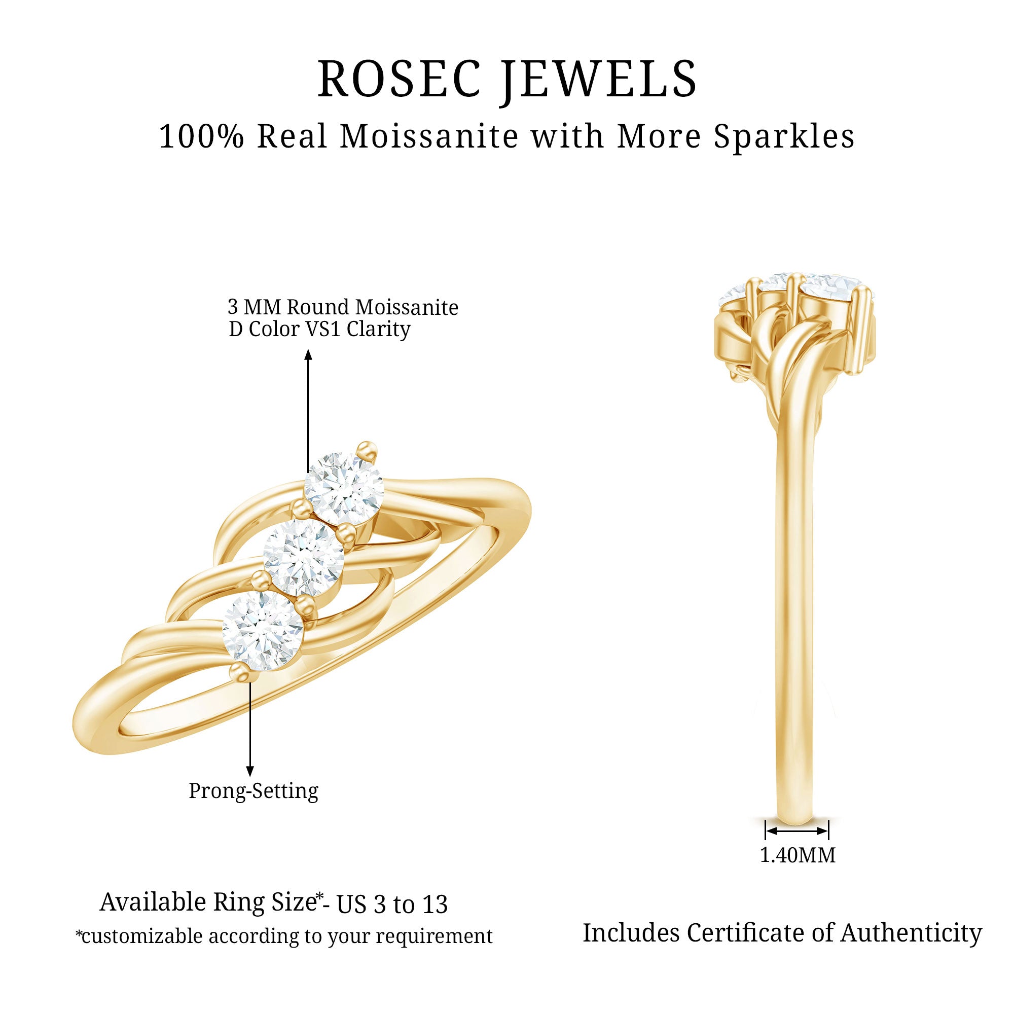 Certified Round Moissanite Three Stone Engagement Ring D-VS1 - Rosec Jewels