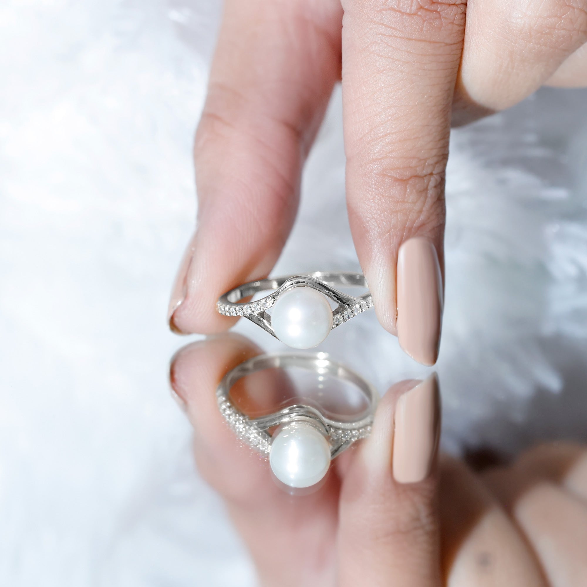 Rosec Jewels-Cultured 7.4 Carat Freshwater Pearl Engagement Ring with Diamond Split Shank
