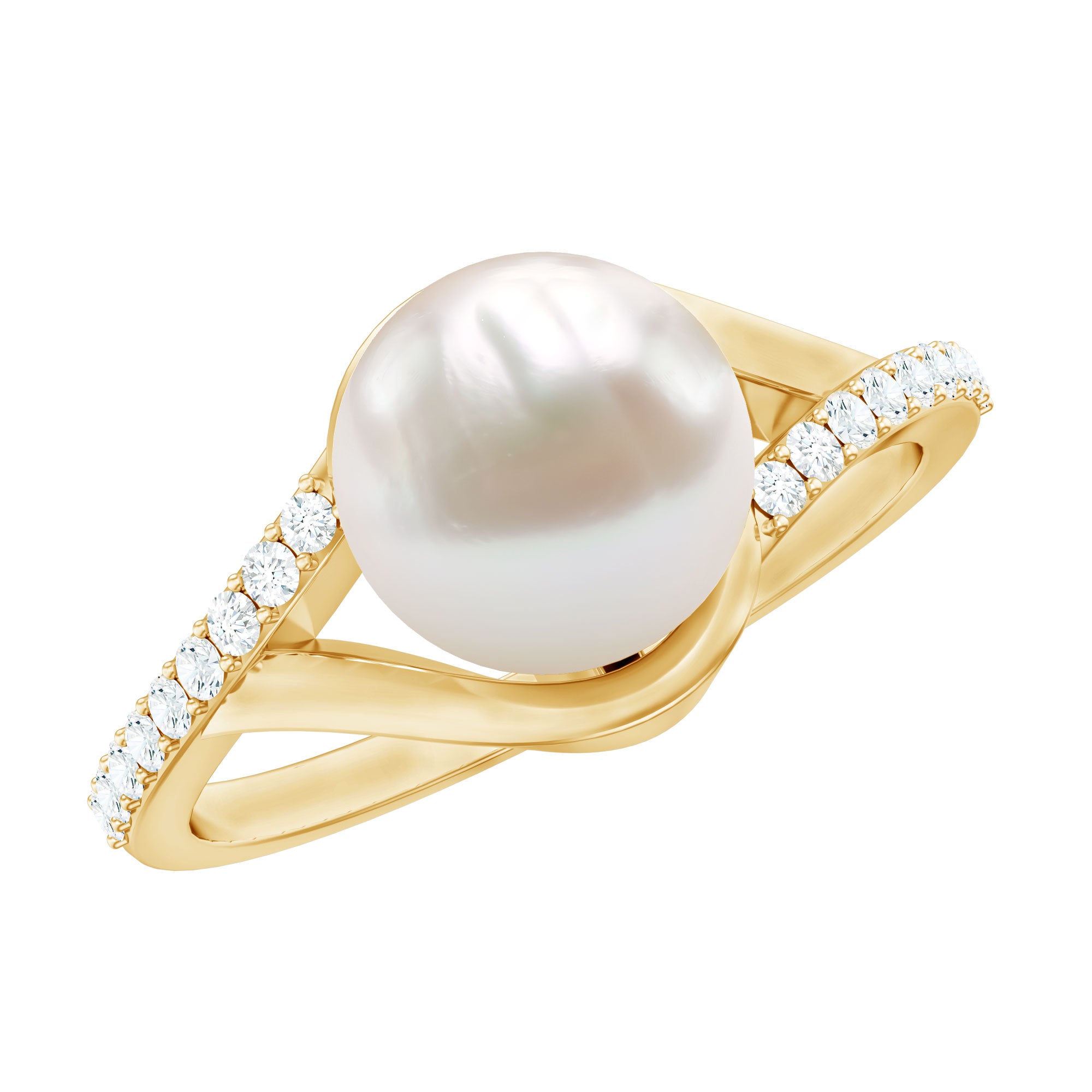 Cultured 7.4 Carat Freshwater Pearl Engagement Ring with Diamond Split Shank AAA - Rosec Jewels