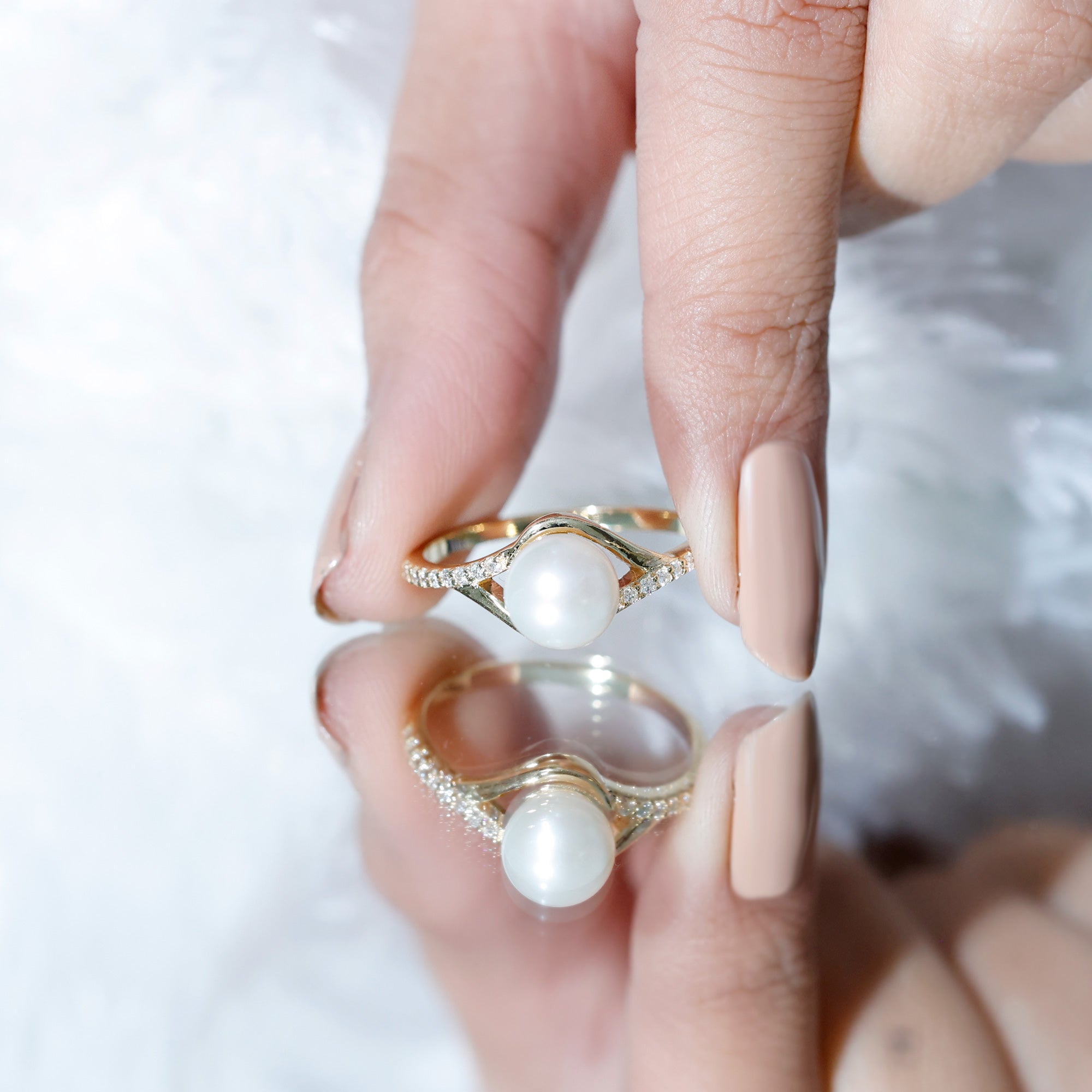 Rosec Jewels-Cultured 7.4 Carat Freshwater Pearl Engagement Ring with Diamond Split Shank