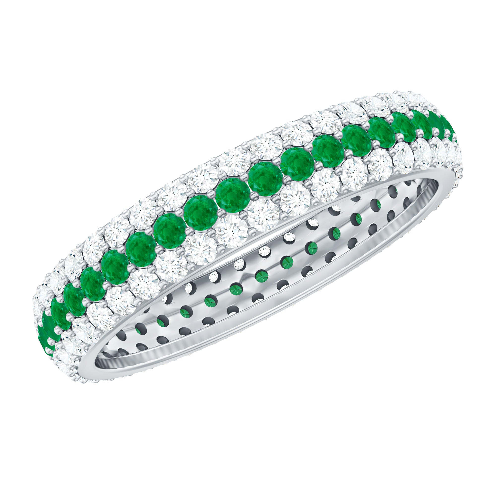 Genuine Emerald and Diamond Three Row Wedding Band