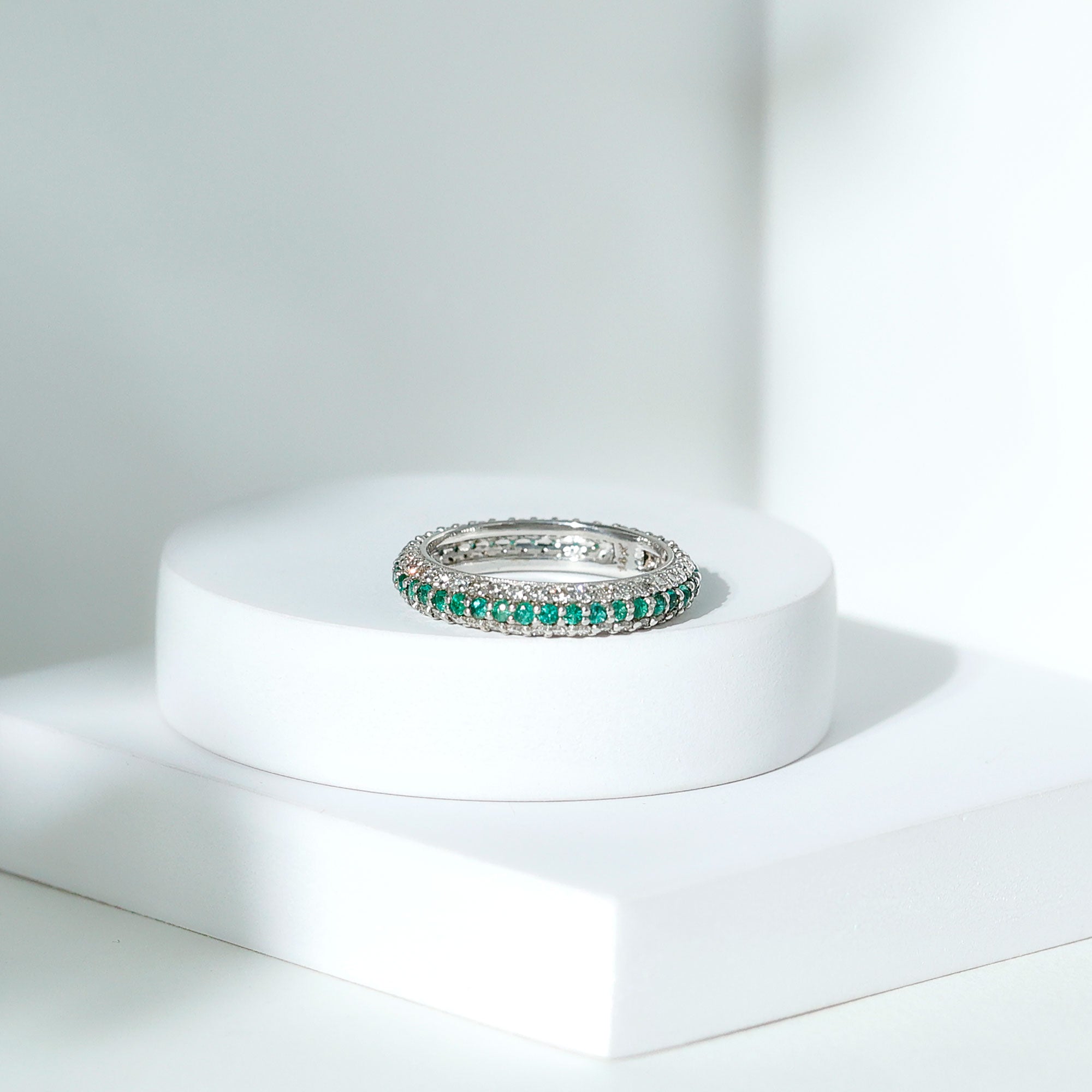 Genuine Emerald and Diamond Three Row Wedding Band AAA - Rosec Jewels