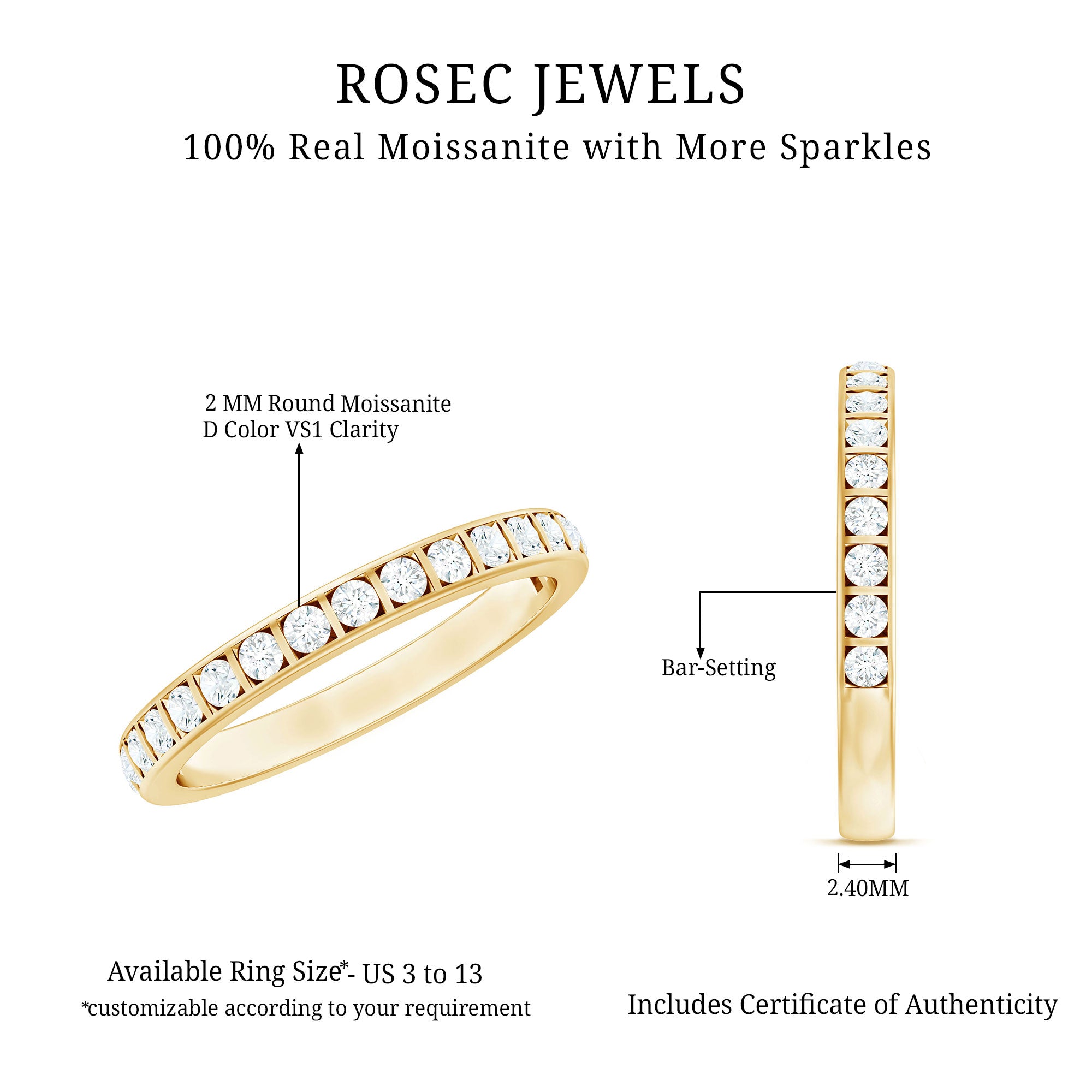 Bar Set Moissanite Half Eternity Band For Women D-VS1 - Rosec Jewels