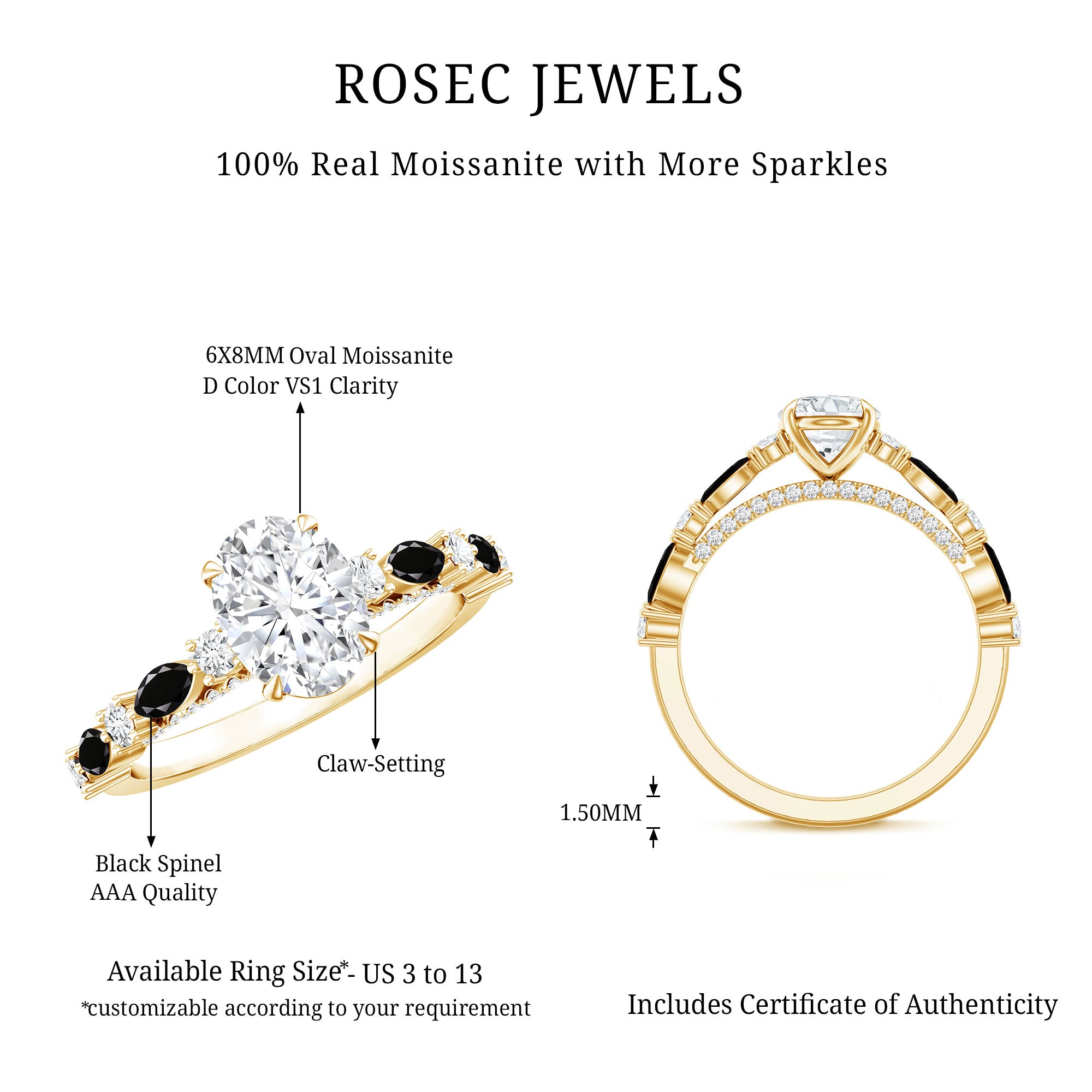 Certified Moissanite Oval Engagement Ring with Real Black Spinel AAA - Rosec Jewels