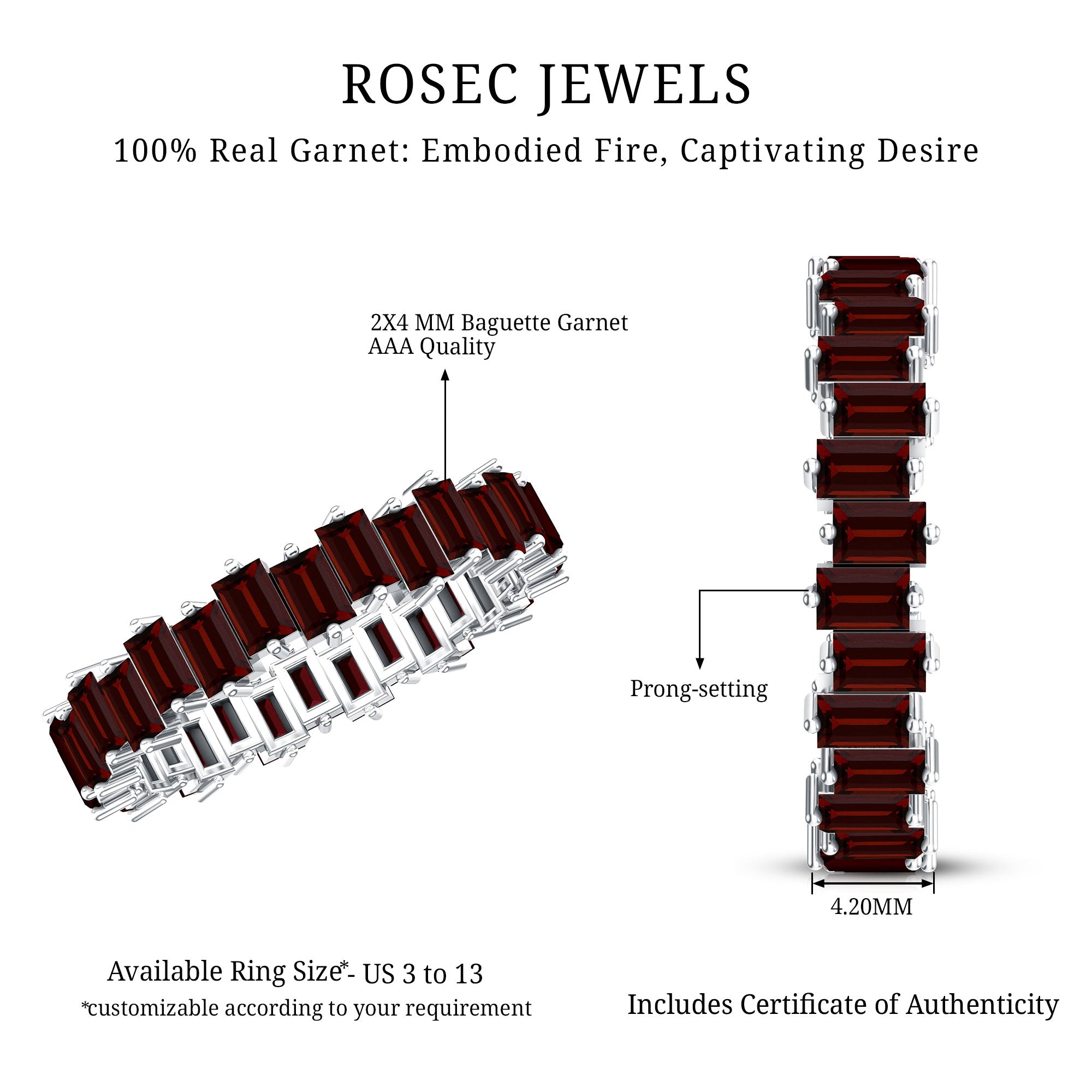 Real Garnet Baguette Eternity Ring with Certificate AAA - Rosec Jewels