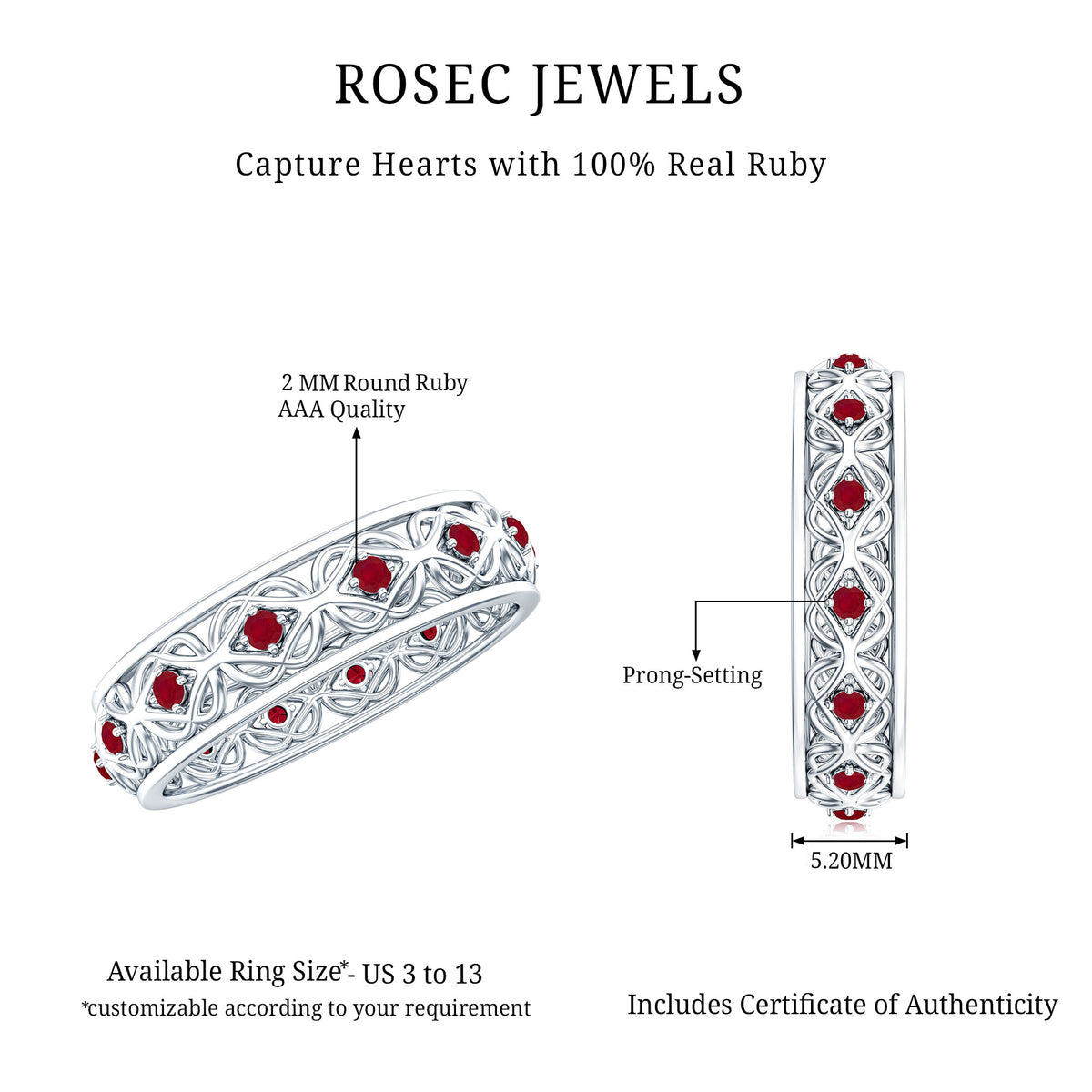 Natural Ruby Celtic Knot Wedding Band for Women AAA - Rosec Jewels