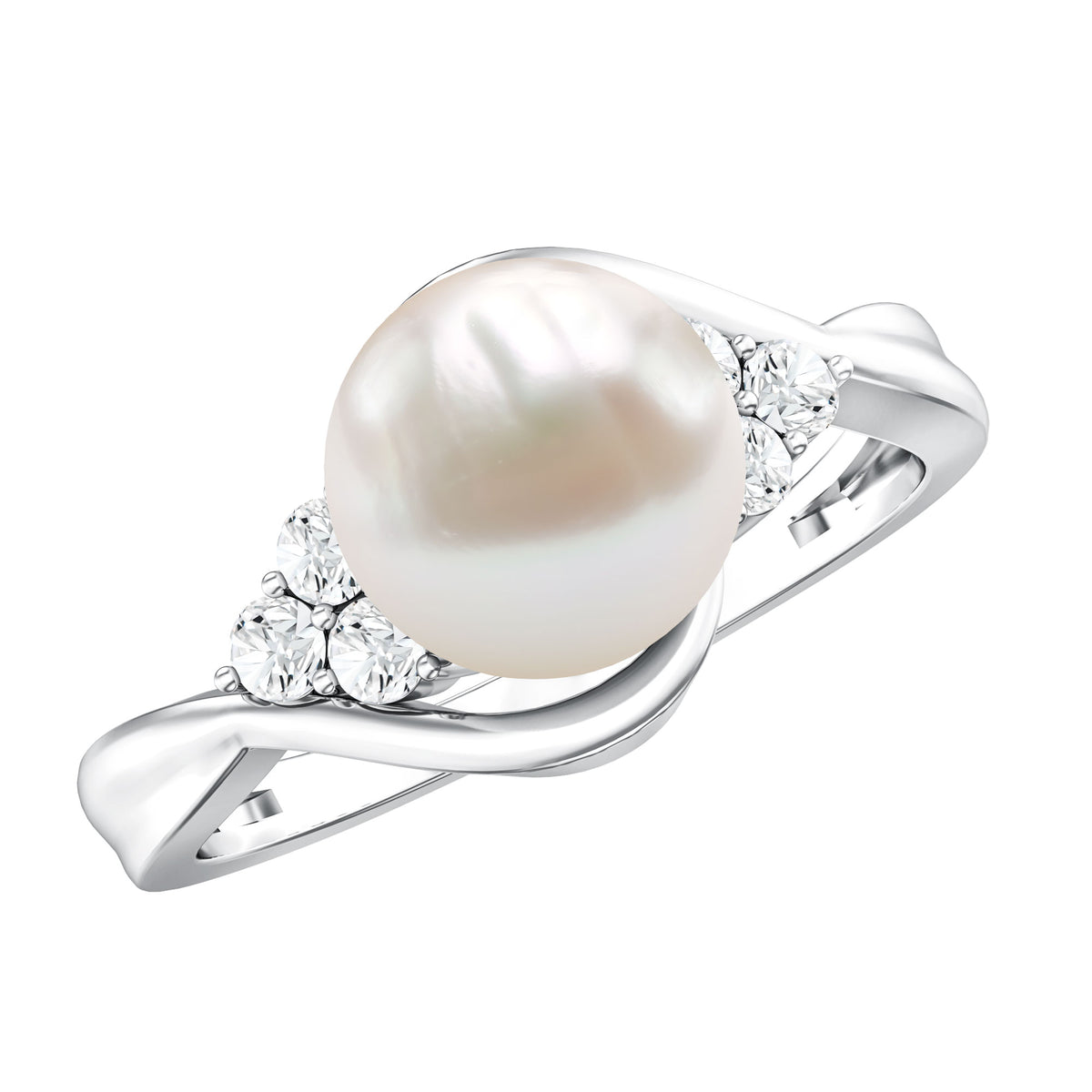 Natural 7.4 Carat Freshwater Pearl Engagement Ring with Diamond Trio AAA - Rosec Jewels