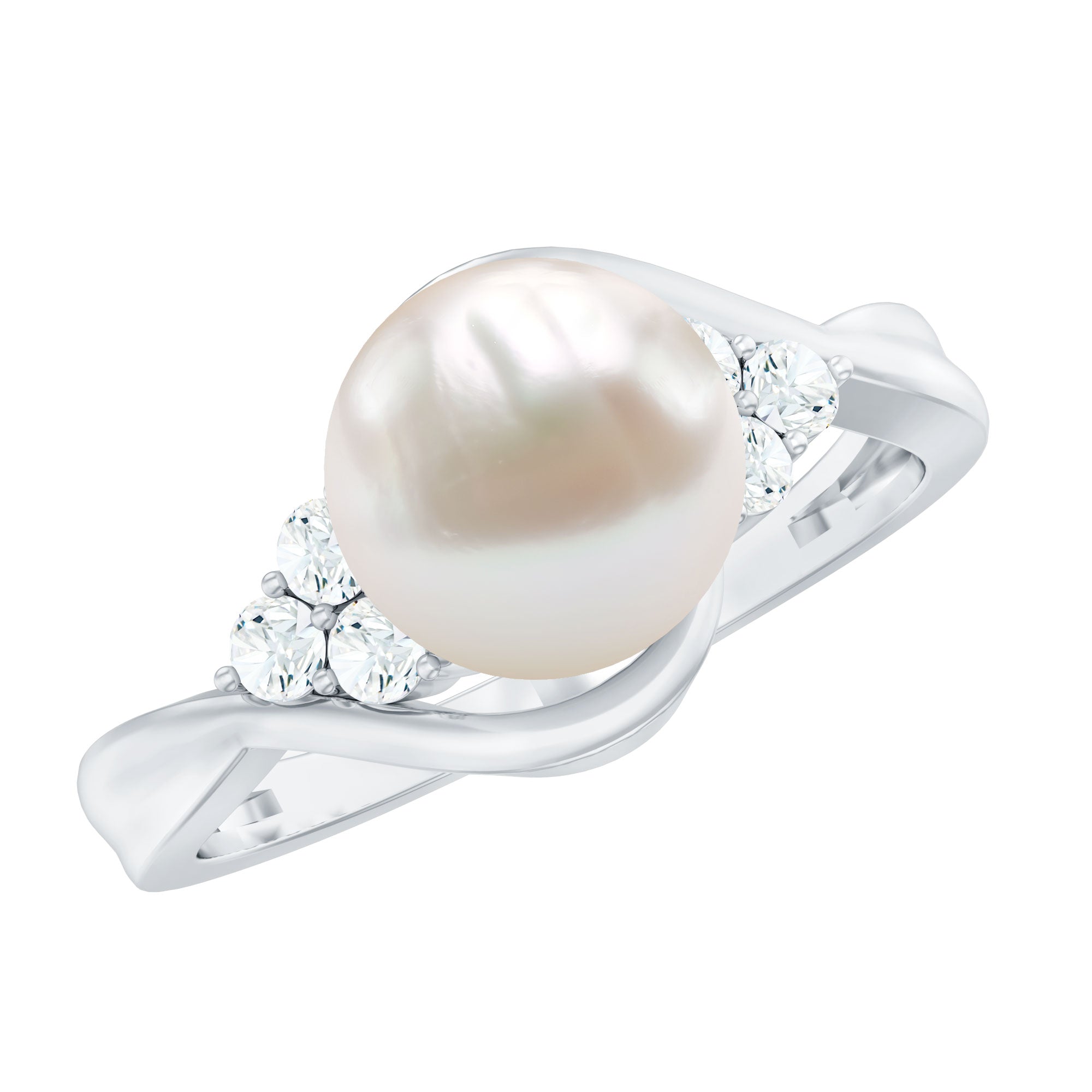 Rosec Jewels-Natural 7.4 Carat Freshwater Pearl Engagement Ring with Diamond Trio