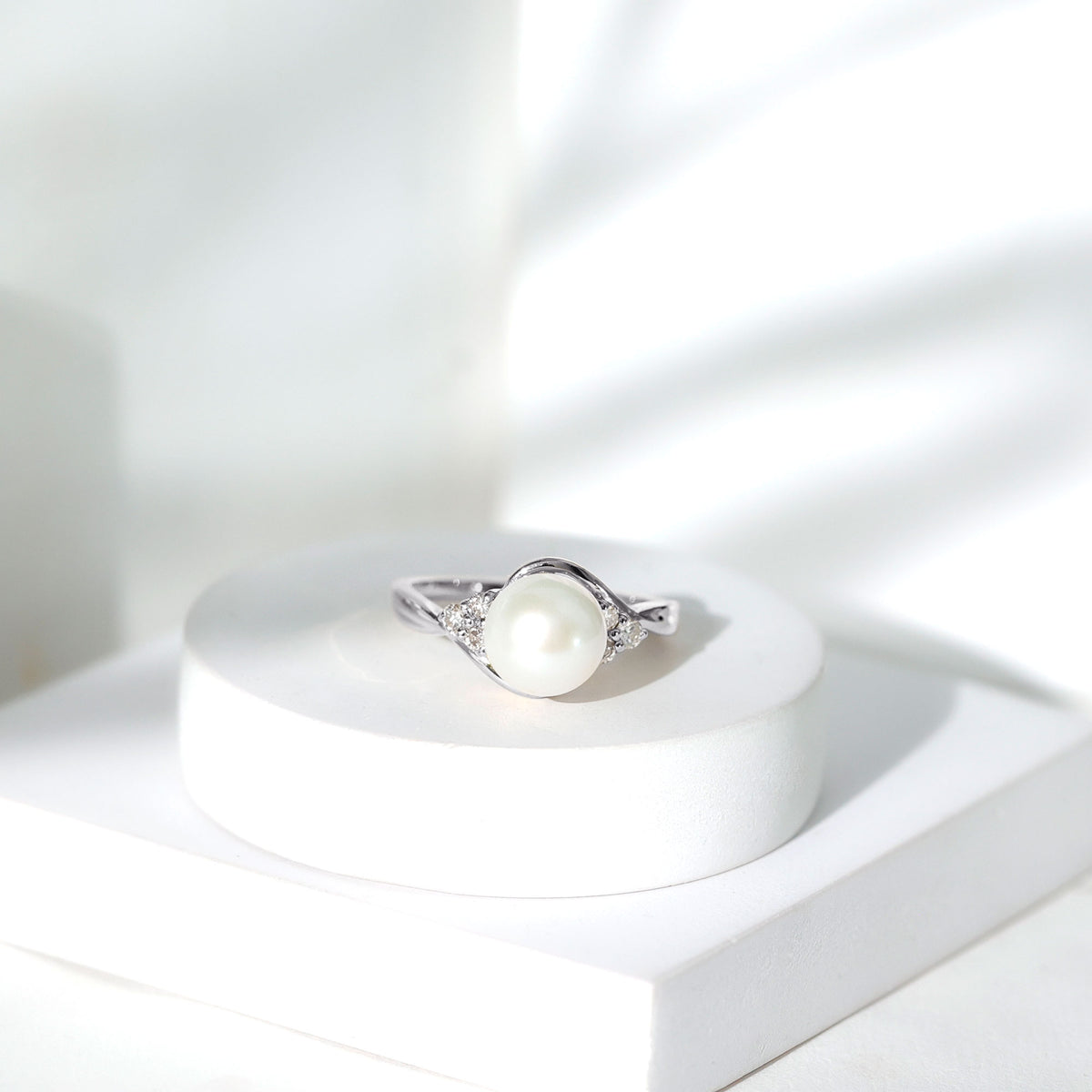 Natural 7.4 Carat Freshwater Pearl Engagement Ring with Diamond Trio AAA - Rosec Jewels