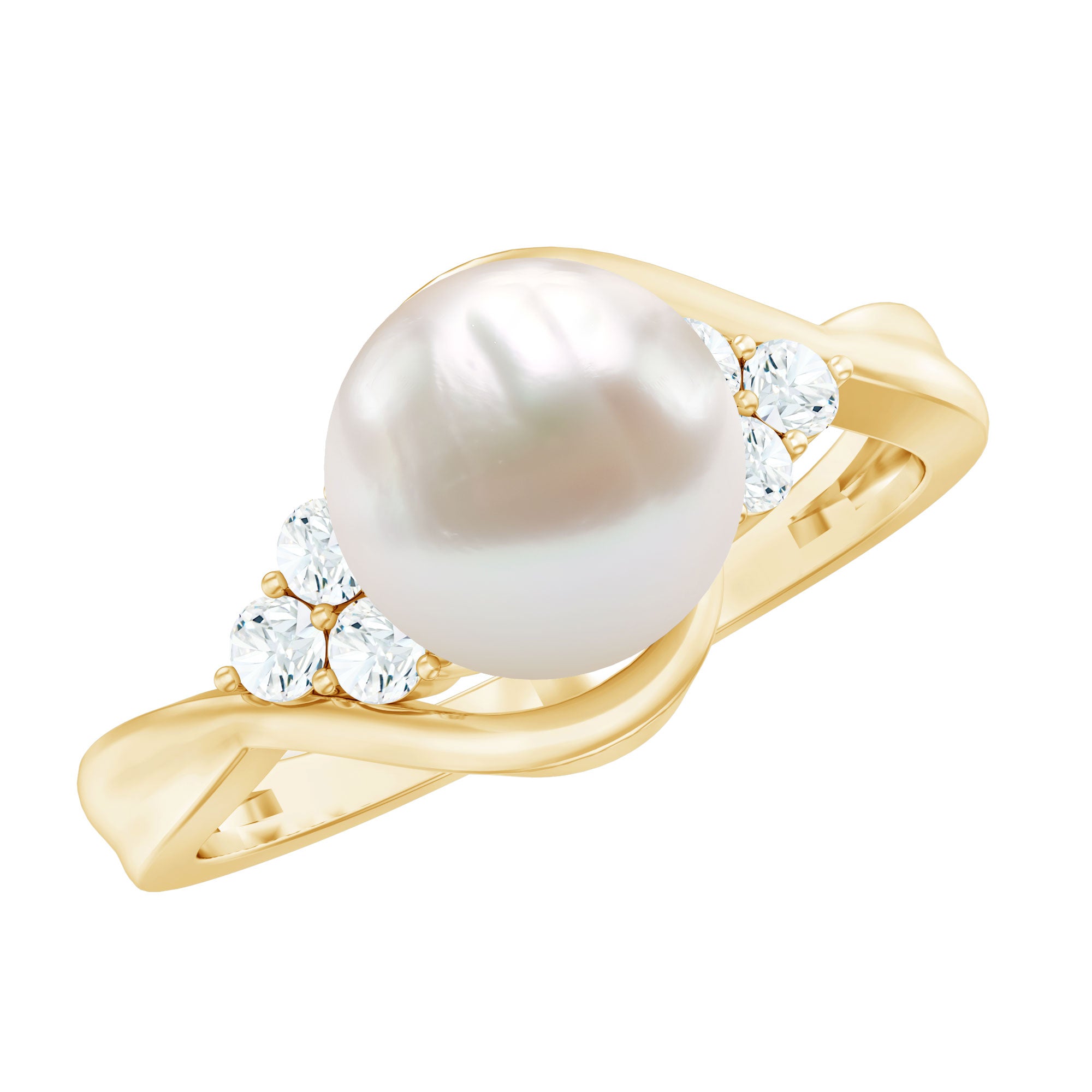Natural 7.4 Carat Freshwater Pearl Engagement Ring with Diamond Trio AAA - Rosec Jewels