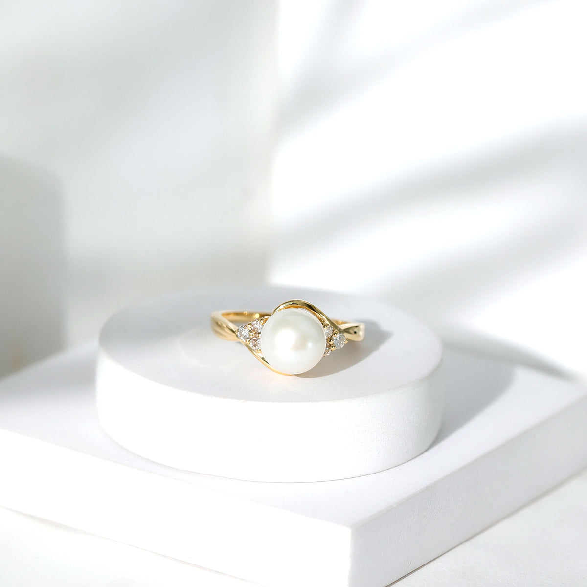 Natural 7.4 Carat Freshwater Pearl Engagement Ring with Diamond Trio AAA - Rosec Jewels